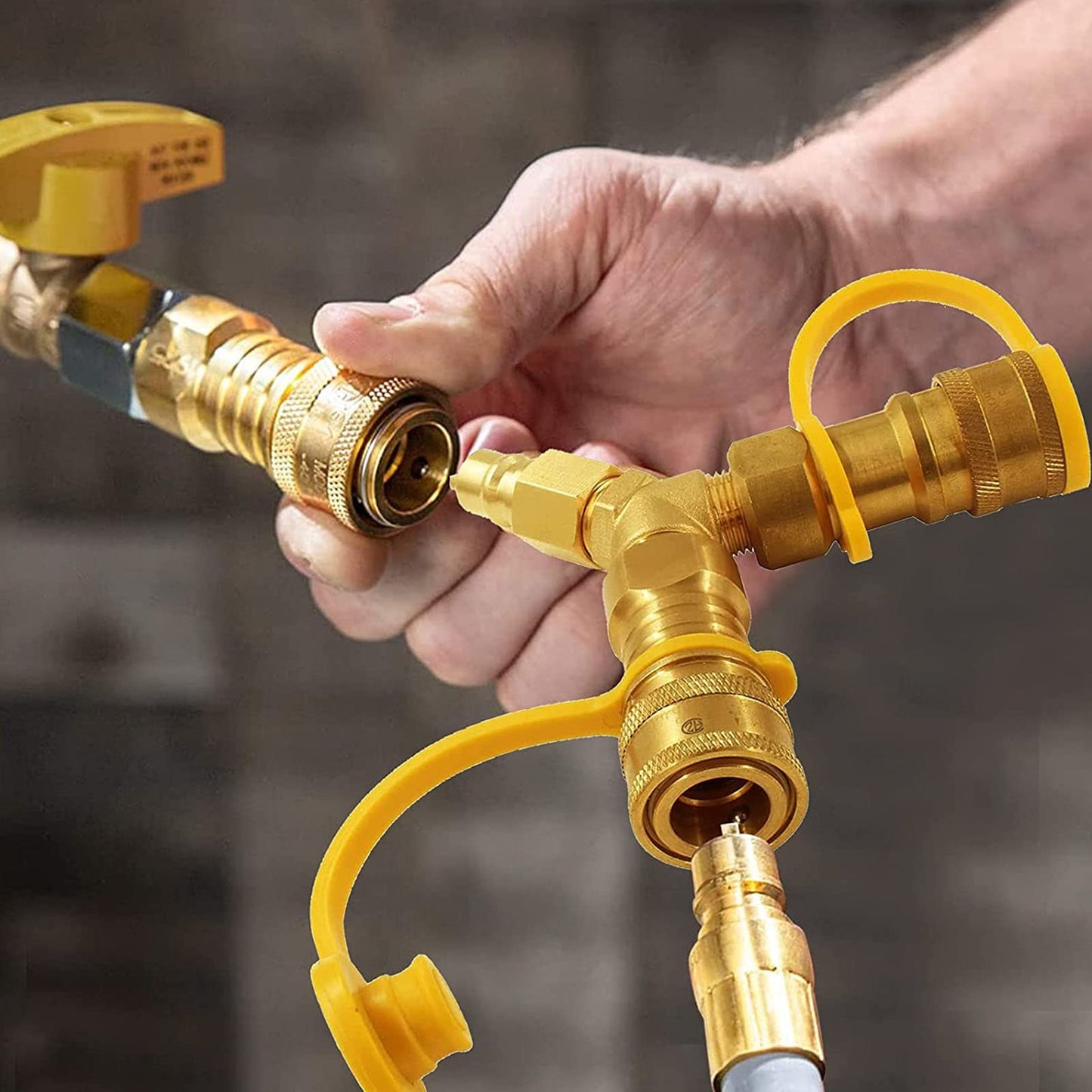 3/8" Natural Gas Quick Connect Y Splitter with Brass 2 Way Adapter - Safe Auto Close Propane Splitter for Gas Grills, Patio Heater, Pizza Oven & RV Generator Use,Natural Gas Conversion Kit