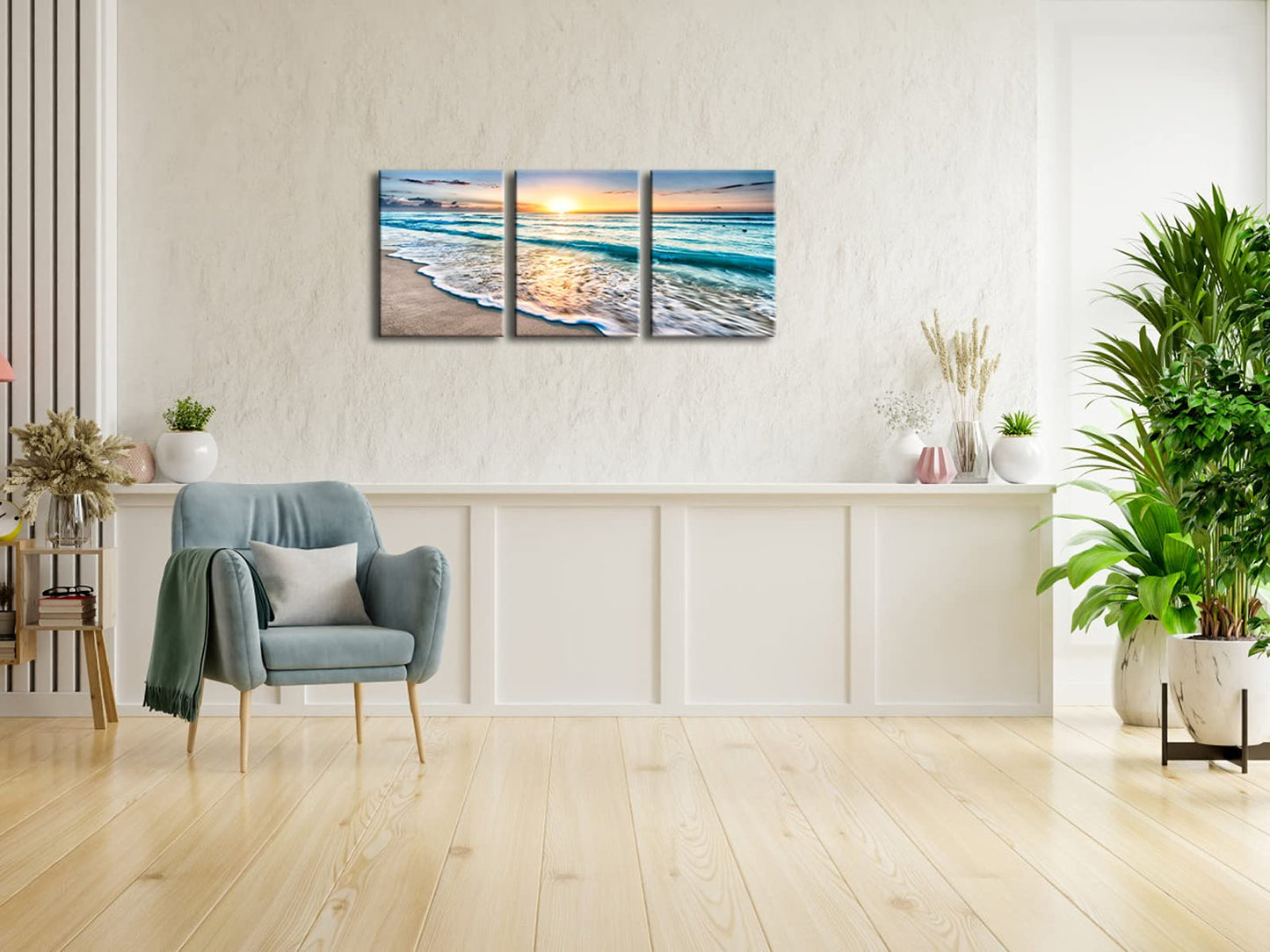Pyradecor 3 Panels Blue Beach Sunrise White Wave Pictures Painting on Canvas Wall Art Modern Stretched and Framed Seascape Giclee Canvas Prints Seaview Landscape Artwork for Home Office Decorations
