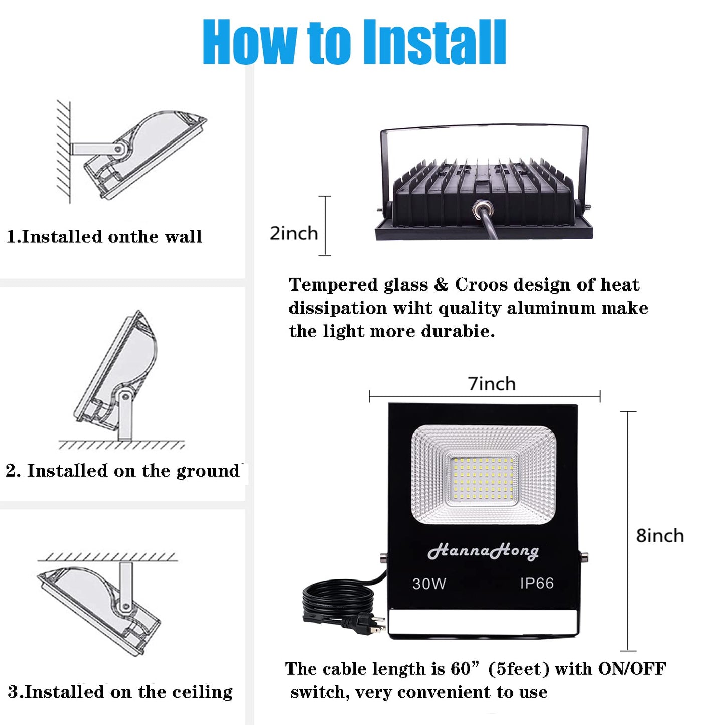 30W LED Super Bright Flood Security Work Lights,with ON/Off Switch,US-3 Plug,5 ft Cable,3600 Lumen 6000K Cool White IP66 Waterproof,Outdoor for Garage Garden Lawn Playground Yard,Yoke Mount,2 Pack