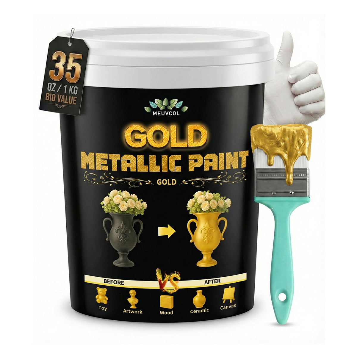 Meuvcol Gold Paint, 35 Floz Metallic Liquid Gold Leaf Paint - Non Toxic Shiny Acrylic Coating for Metal, Wood, Furniture, Clay, DIY Crafts, Artwork & Home Décor