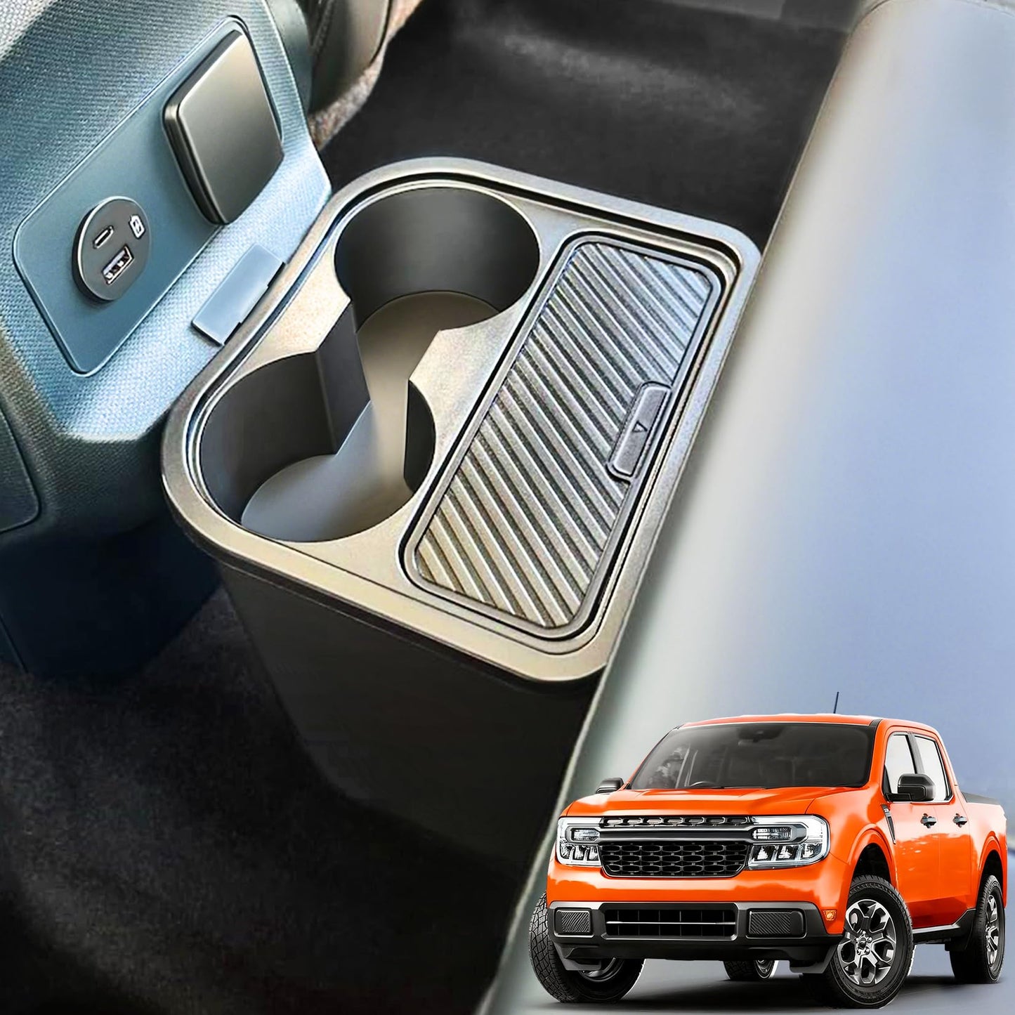 WRWJL Trash Can for Ford Maverick 2025 2024 2023 2022,Upgraded Rear Trash Bin with Dual Cup Holder for Maverick Interior Accessories,Multi-Function Insert Expander Storage Box Organizer 2025 New