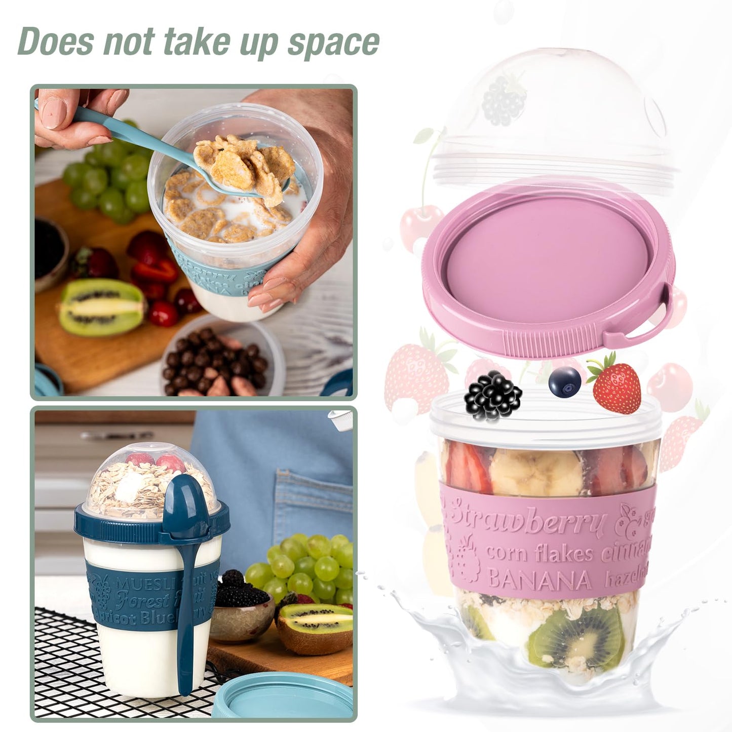EYNEL On The Go Cereal Yogurt Cups with Lids and Spoon, Overnight Oats Container, Reusable Parfait Plastic Milk Jar Breakfast Crunch Granola Oatmeal Smoothie Snack Prep Bowl To Take Along (4 Pack)