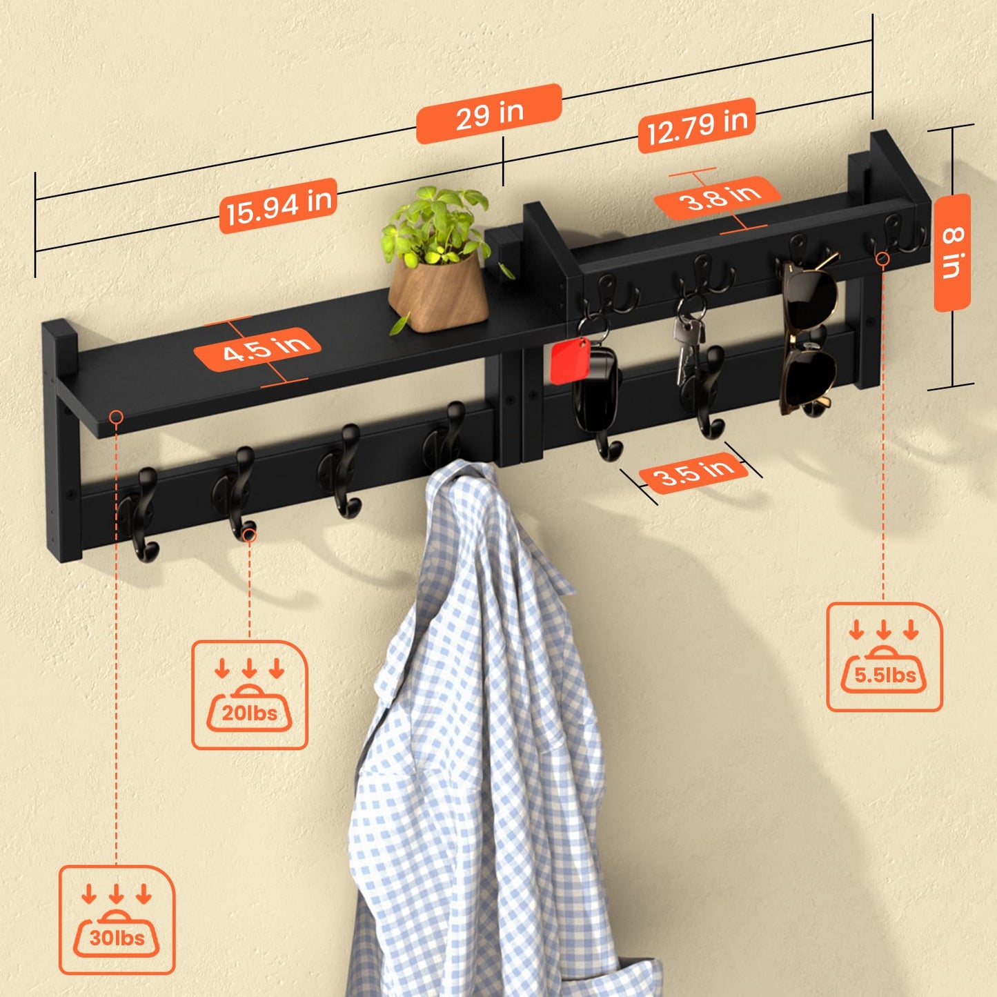 29'' Coat Rack Wall Mount with Shelf and Key Hooks, Solid Wood Key Holder Wall Mount, Farmhouse Wall Organizer for Mail, Entryway Wall Hangers for Hats, Clothes, Backpacks, Mudroom (Black)