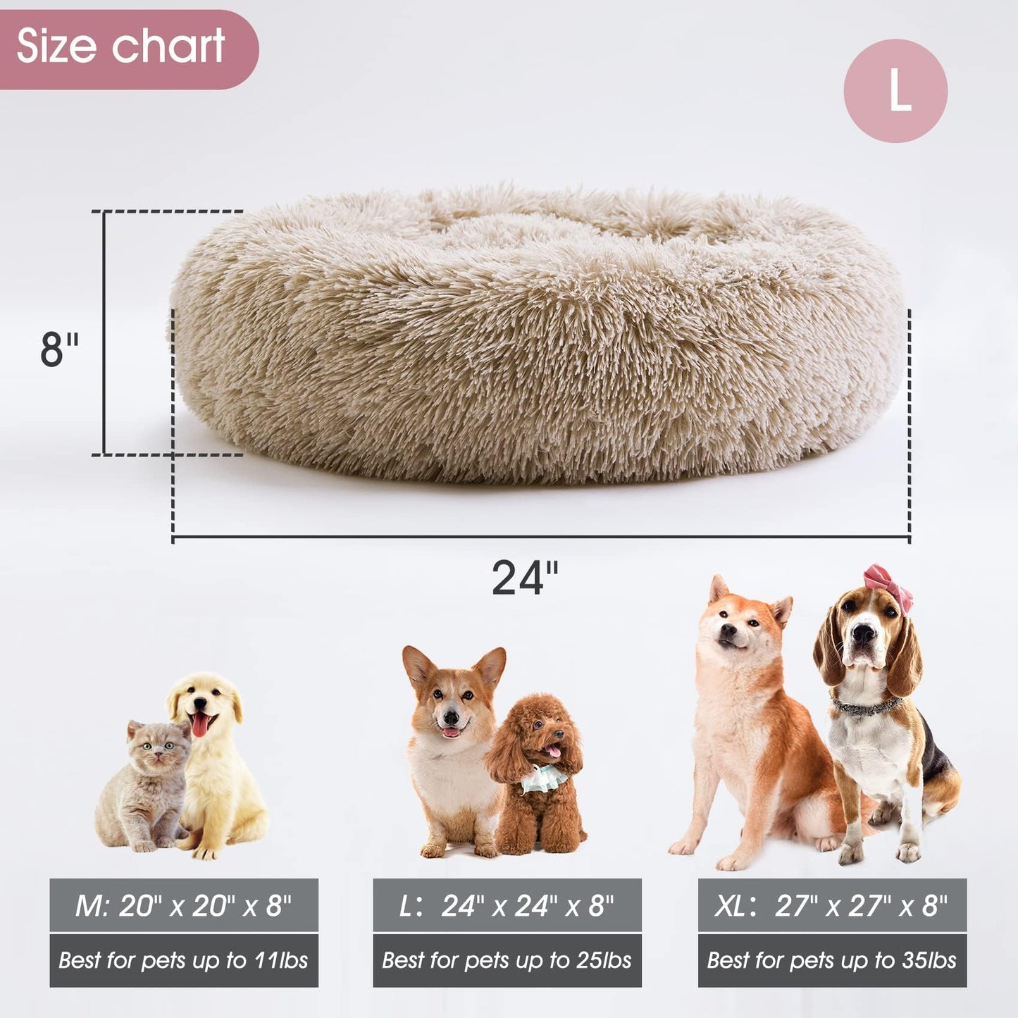 Calming Dog Bed & Cat Bed, Anti-Anxiety Donut Dog Cuddler Bed, Warming Cozy Soft Dog Round Bed, Fluffy Faux Fur Plush Dog Cat Cushion Bed for Small Medium Dogs and Cats (20"/24"/27"/30")