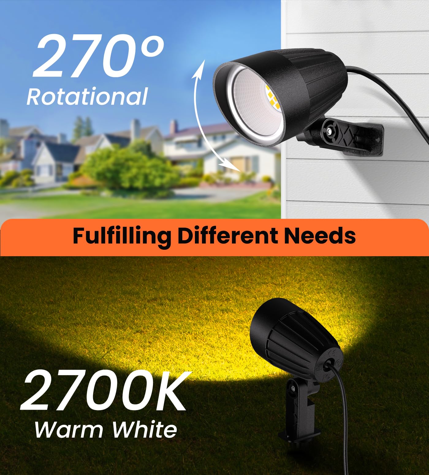 MEIKEE 9W LED Landscape Lights IP66 Waterproof Outdoor 110V Landscape Spotlight Pathway Lights for Yard, Lawn, Garden with US 3-Plug Warm White Lights (2 Pack)