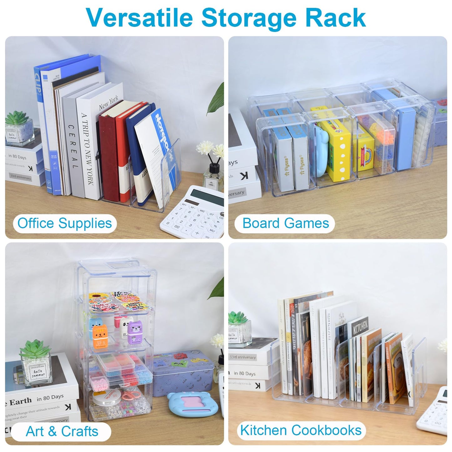 Marte Vanci Clear Acrylic File Sorter, Sturdy Desk File Organizer Shelf Book Holder Purse Handbag Clutch Divider File Folder Rack for Letter Cookbooks Home Office Kitchen Supplies 4 Sections (4 Pack)