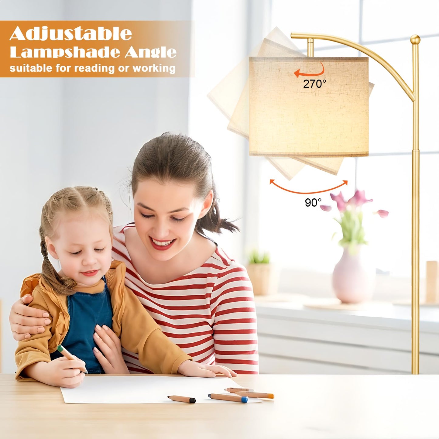 Ambimall Floor Lamp with Remote Control, Brightness and Colors Temperature Adjustable, Rotating Shade, Bulb Included, Modern Floor Lamps for Living Room, Bedroom, Office (Light Beige and Gold)