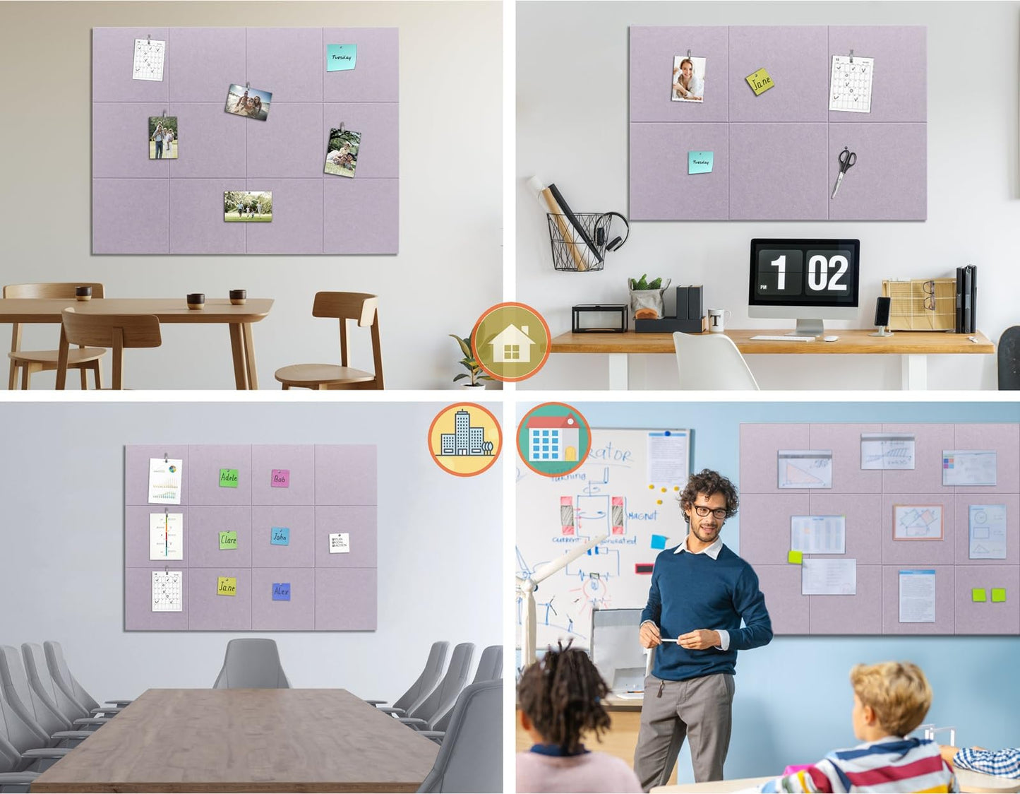 G Gamit Felt Wall Tiles Bulletin Board Large Cork Board Alternative 6 Pack 11.81”x11.81”x0.47” Felt Pin Board Tack Board with Safe Removable Adhesive Tabs for Home Office School 36x24 (Light Purple)