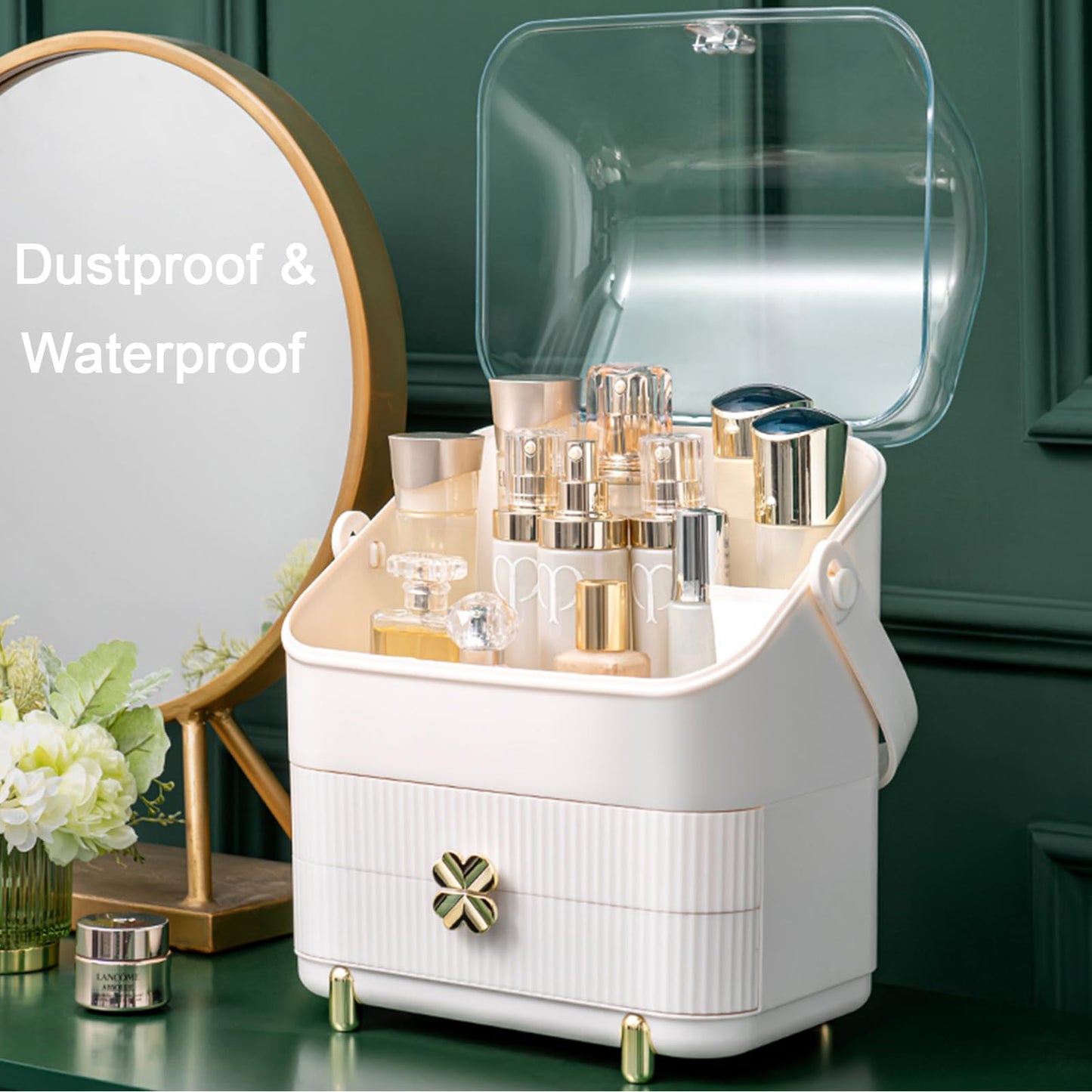 SUNFICON 3 Tiers Makeup Organizer Holder Cosmetic Storage Box with Dust Free Cover Portable Handle 2 Rroomy Drawers,Great for Bathroom Countertop Bedroom Dresser,Ivory White