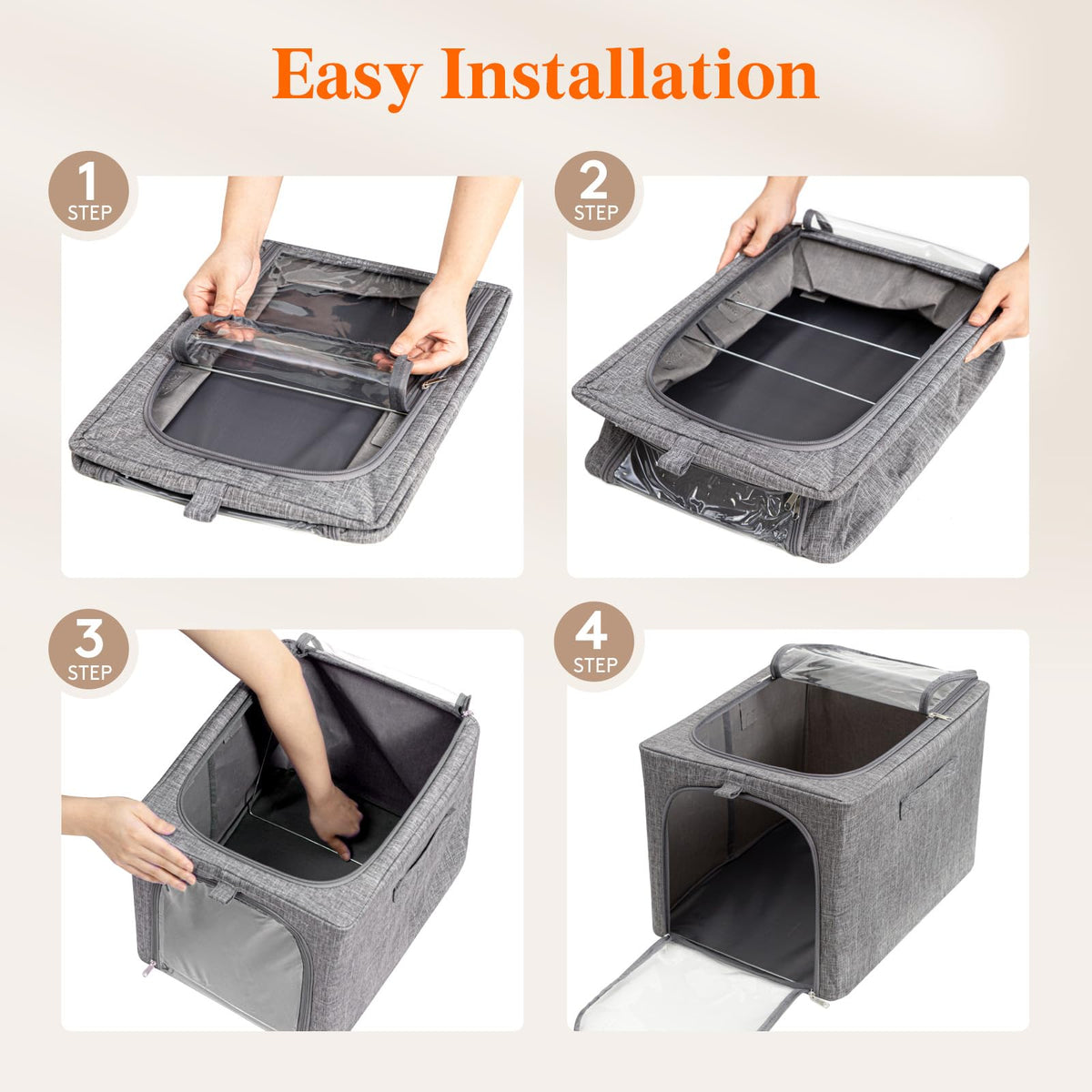 Lifewit 4 Pack Clothes Storage Bins with Metal Frame, Foldable Clothing Storage Bins, 40L Stackable Storage Box Storage Bags Fabric Bins Organizer with Lids, Clear Window＆ Zippers＆ Sturdy Handles