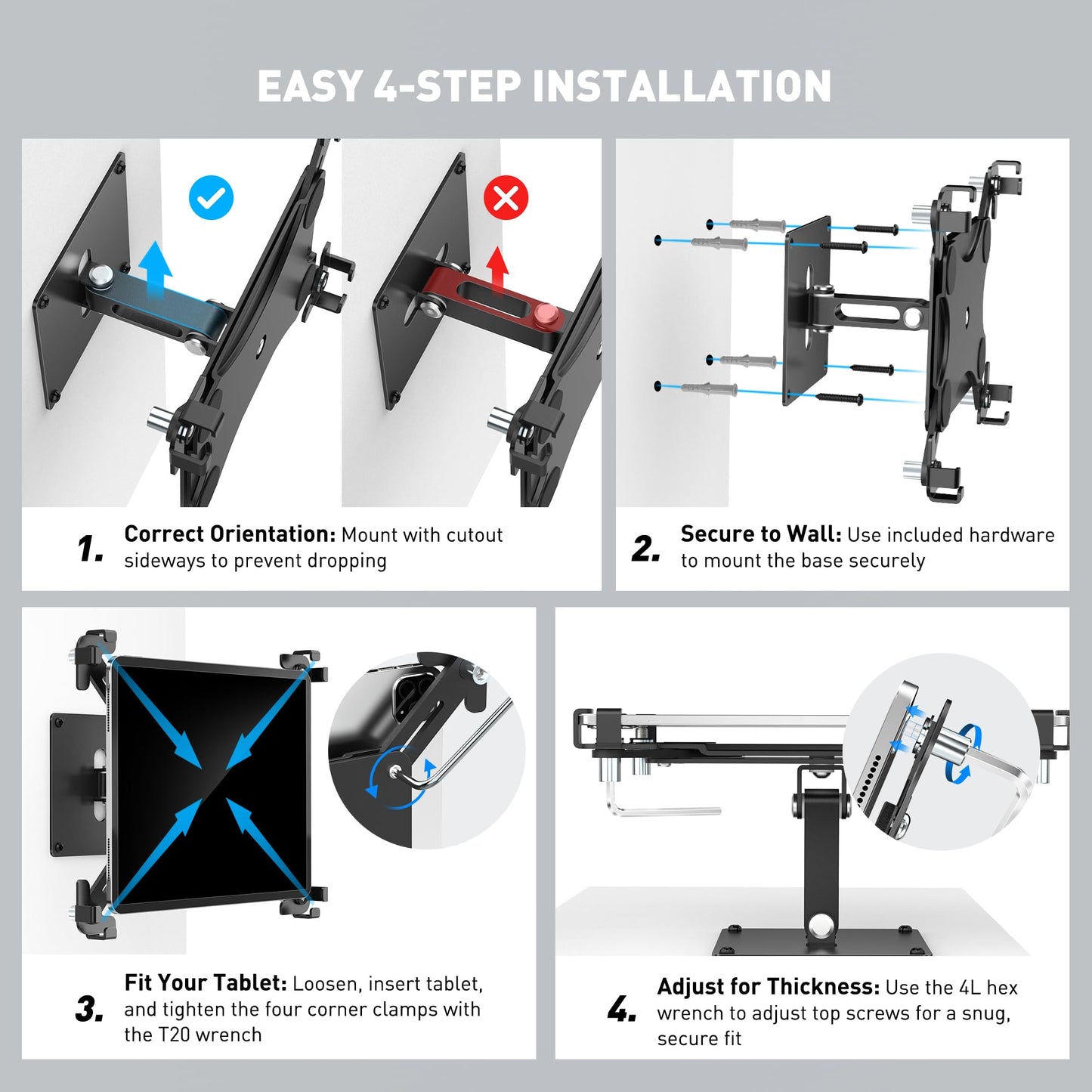 AboveTEK Universal Tablet Wall Mount, Anti-Theft iPad Mount with Locking Enclosure for 9.7"-13" Screen, Heavy-Duty Aluminum Kiosk for Business POS Display, Adjustable 360° Swivel & Tilt VESA Mount