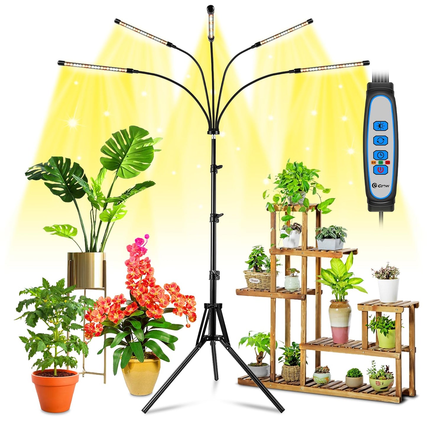 Wolezek Grow Lights for Indoor Plants Full Spectrum, 100 LEDs Plant Lights for Indoor Growing with Adjustable Stand, 5-Head Plant Grow Lamp with Auto 6/12/16H Timer, Ideal for Large & Tall Plants
