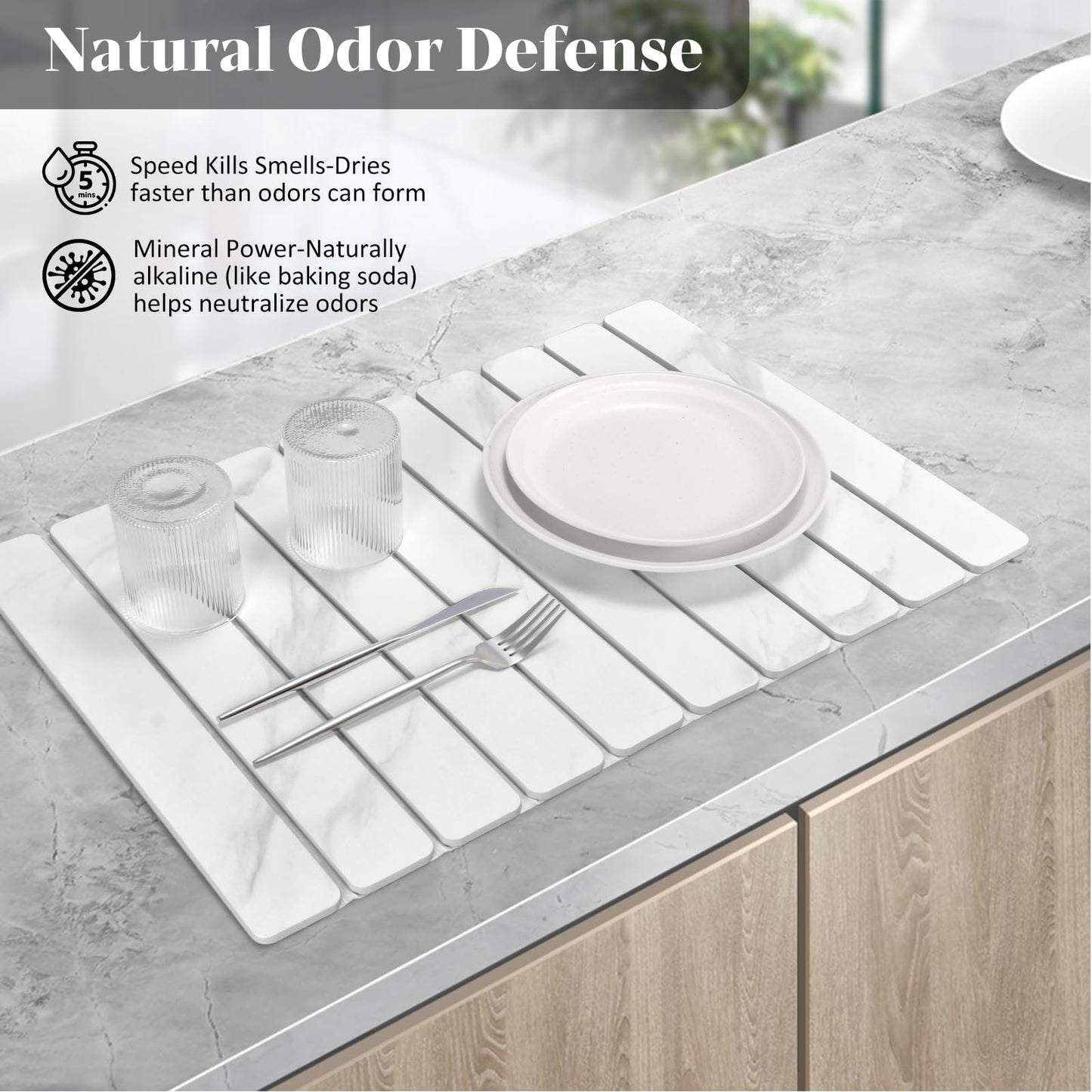2 PCS Large Stone Dish Drying Mats for Kitchen Counter, 61"(L)×41"(W) Marble Pattern Mat with 20"x 10" Coasters, Collapsible Quick-Dry Diatomite Drying Mat for Dishes, Bottles & Cups