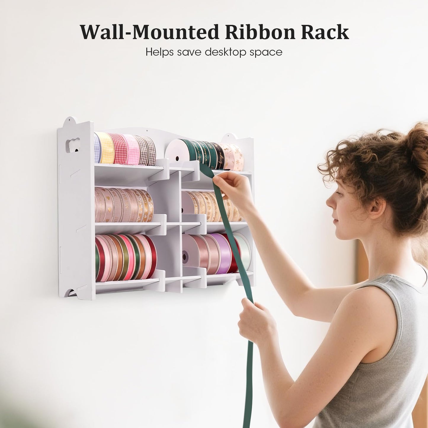 Krafetto Stackable Small Roll Ribbon Storage Organizer Rack, Wall-Mountable Ribbon Holder Rack for Craft Room, Desktop Ribbon Spool Holder for Ribbons up to 4" in Diameter