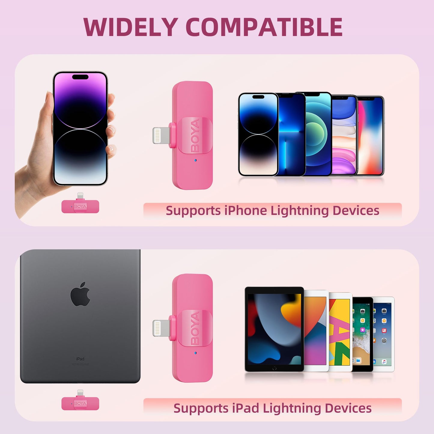 BOYA Wireless Lavalier Microphone for iPhone iPad Phone Omnidirectional External Mini Lapel Lightning Microphone for iPhone Clip-On Mic for Video Recording Podcast YouTube Live Streaming (Pink)