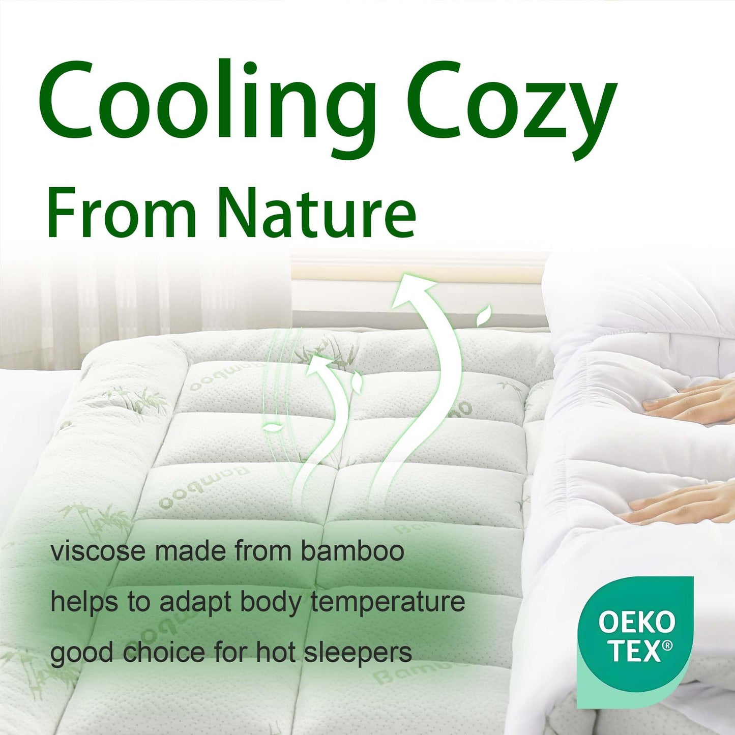 King Size Mattress Topper, Viscose Made from Bamboo, Ultra Soft Pillow Top Mattress Pad for Back Pain Relief, Naturally Cooling for Hot Sleepers, Green