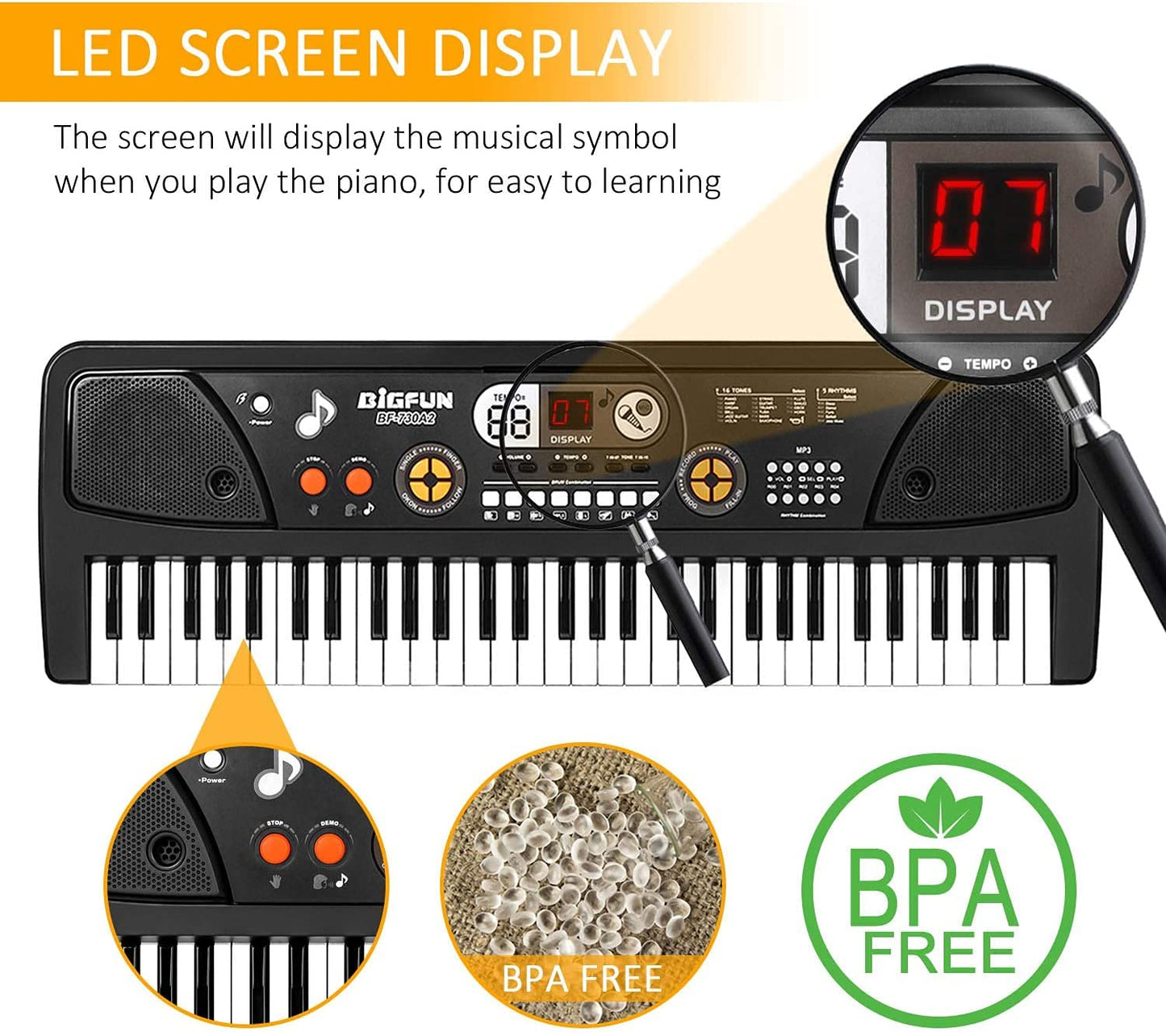 Electronic Piano Keyboard 61-Key Kids Pianos with LED Screen Protable Kid Keyboard with Microphone Musical Instrument Toys Gift for Boys Girls