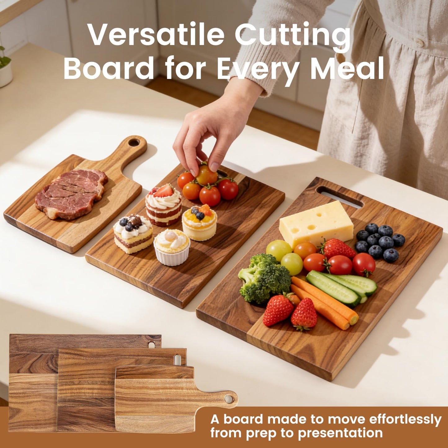 Acacia Wood Cutting Board Set of 3 with Holder, Wooden Cutting Boards for Kitchen, Chopping Board Set with Handle for Meat, Bread, Cheese & Serving, Charcuterie Boards