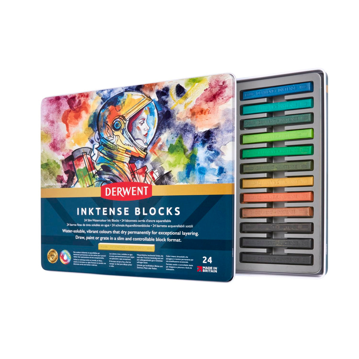 Derwent Inktense Blocks 24 Tin, Set of 24, 8mm Block, Soft Texture, Watersoluble, Ideal for Watercolour, Drawing, colouring, Crafts and Painting on Paper and Fabric, Professional Quality (2300443)