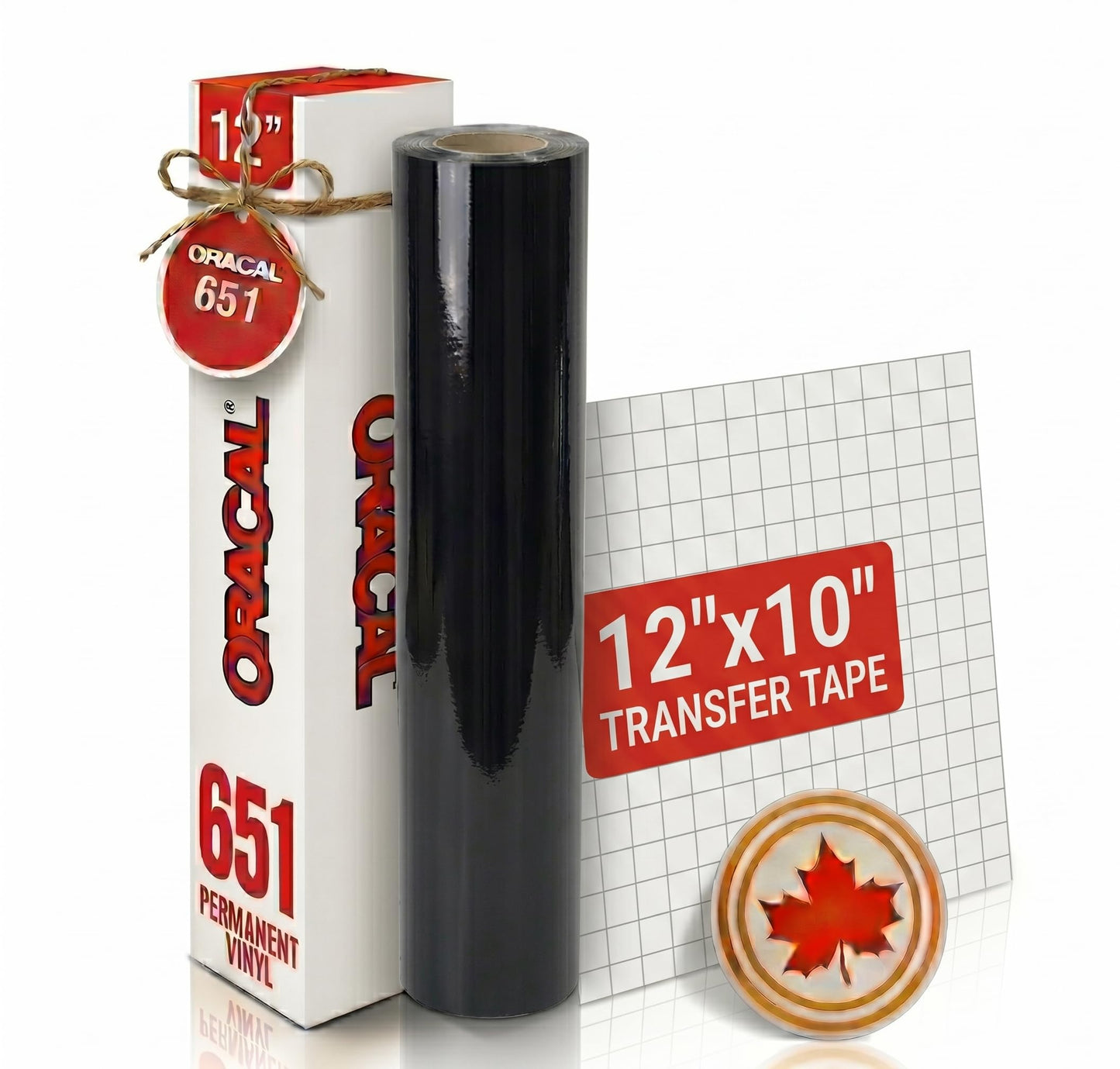Roll of Oracal 651 Black Craft Vinyl - Adhesive Vinyl for Cricut, Silhouette, and Cameo Cutters - Matte Finish - Outdoor and Permanent - Bonus 3.8" Maple Leaf Decal (12 Inch x 50ft)