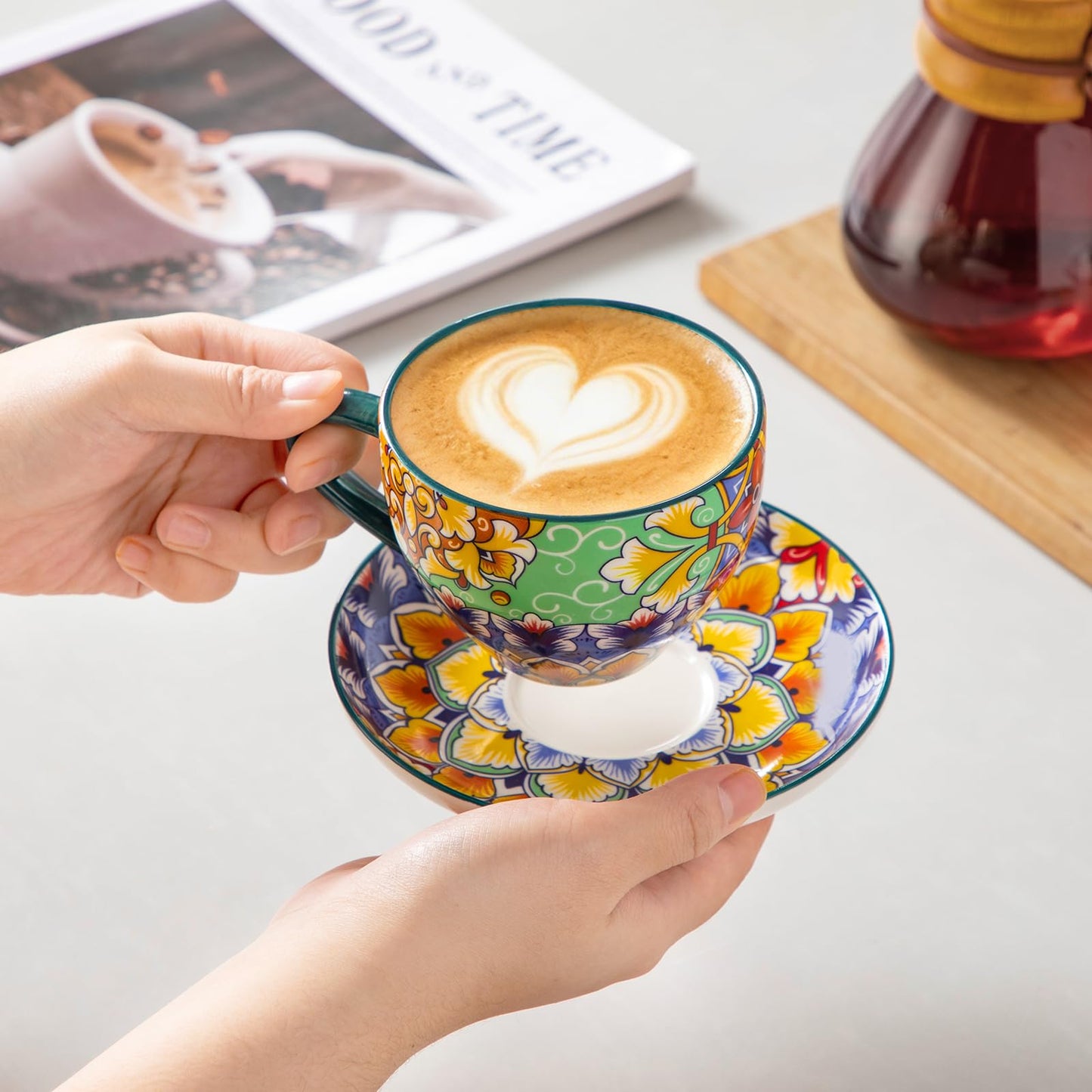vancasso 8 oz Cappuccino Cups with Saucers Set of 6, Bohemian Ceramic Coffee Cup for Latte, Espresso, Microwave & Dishwasher Safe - Porcelain Latte Mugs for Cafe
