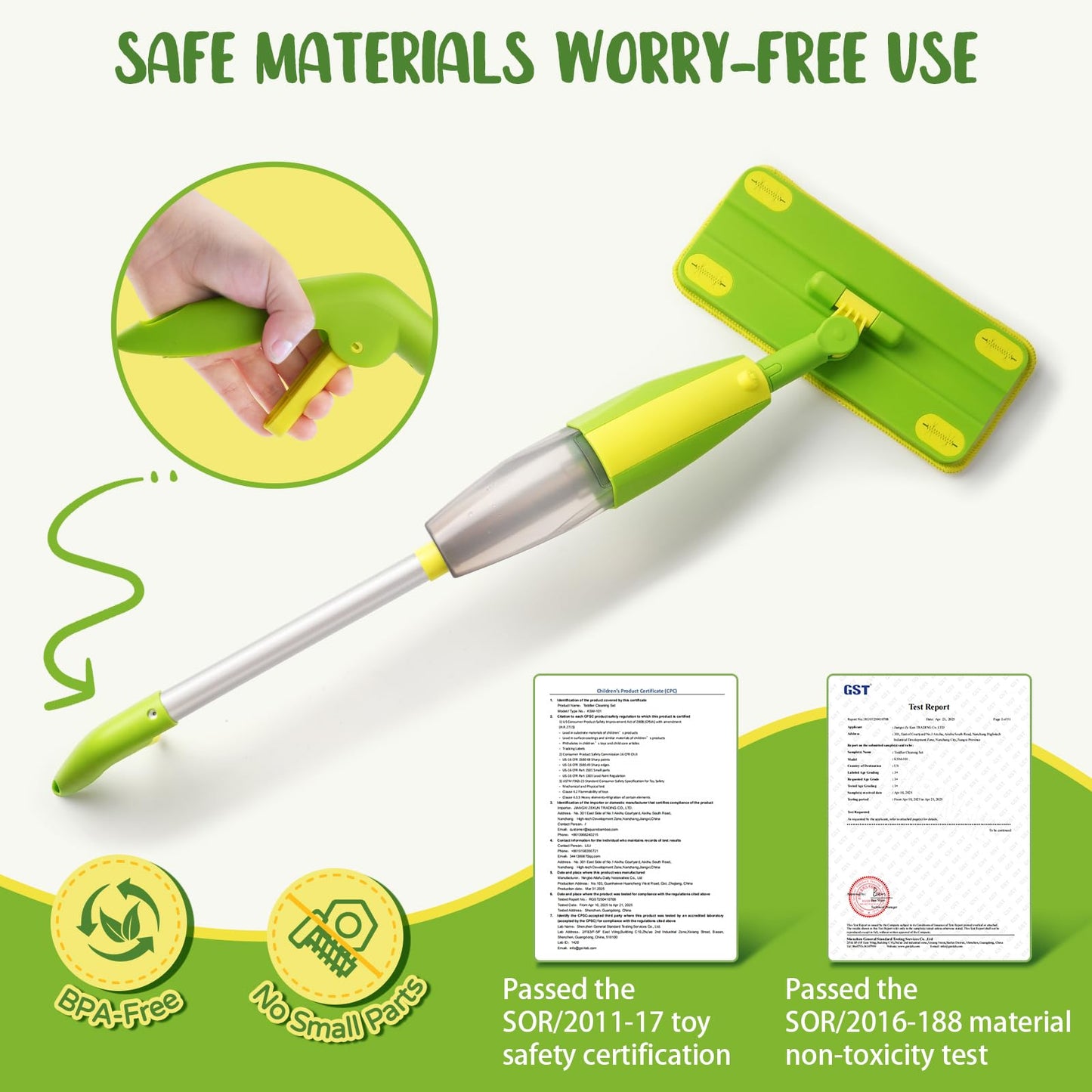 Yasterd Kids Spray Mop, Fun & Functional Toddler Mop Cleaning Set,Real Working Mini Mop, Pretend Play Toy –Includes Spray Bottle,Washable Microfiber Pads, Montessori Toddler Cleaning Toy Set -Green