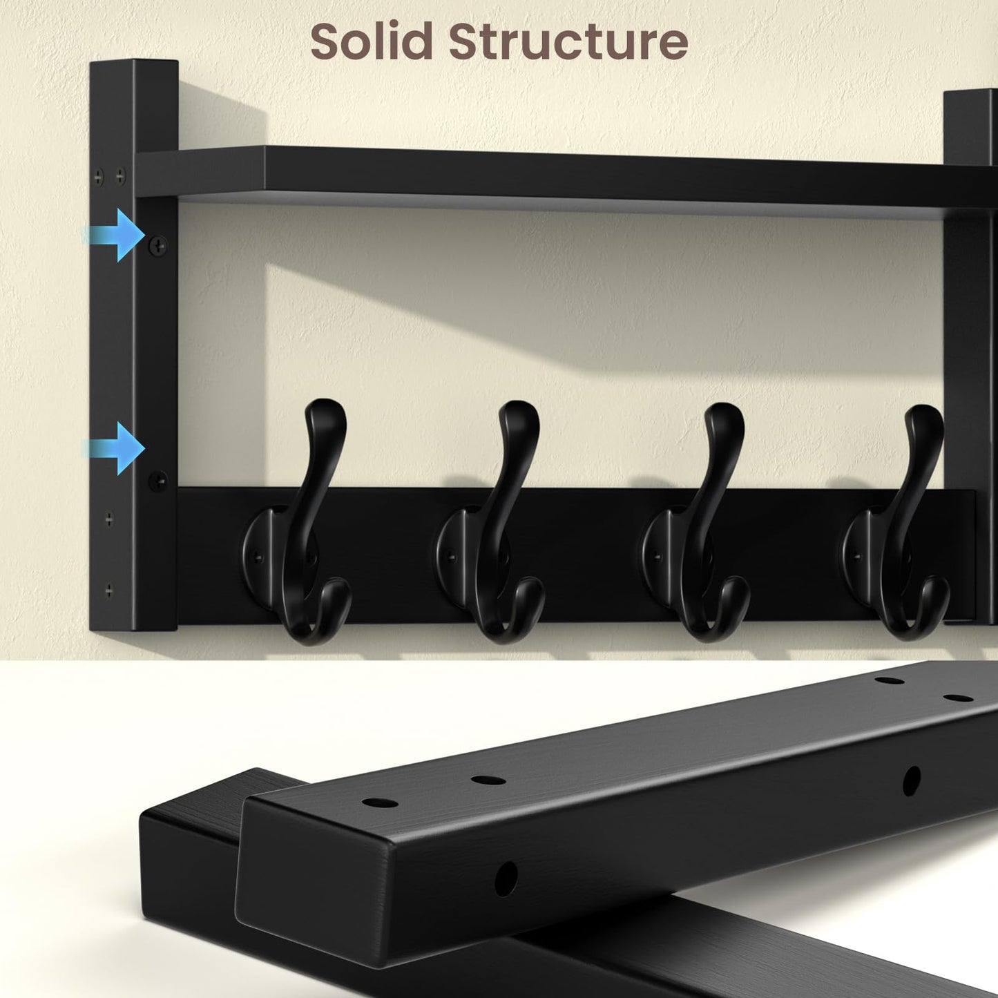 29'' Coat Rack Wall Mount with Shelf and Key Hooks, Solid Wood Key Holder Wall Mount, Farmhouse Wall Organizer for Mail, Entryway Wall Hangers for Hats, Clothes, Backpacks, Mudroom (Black)