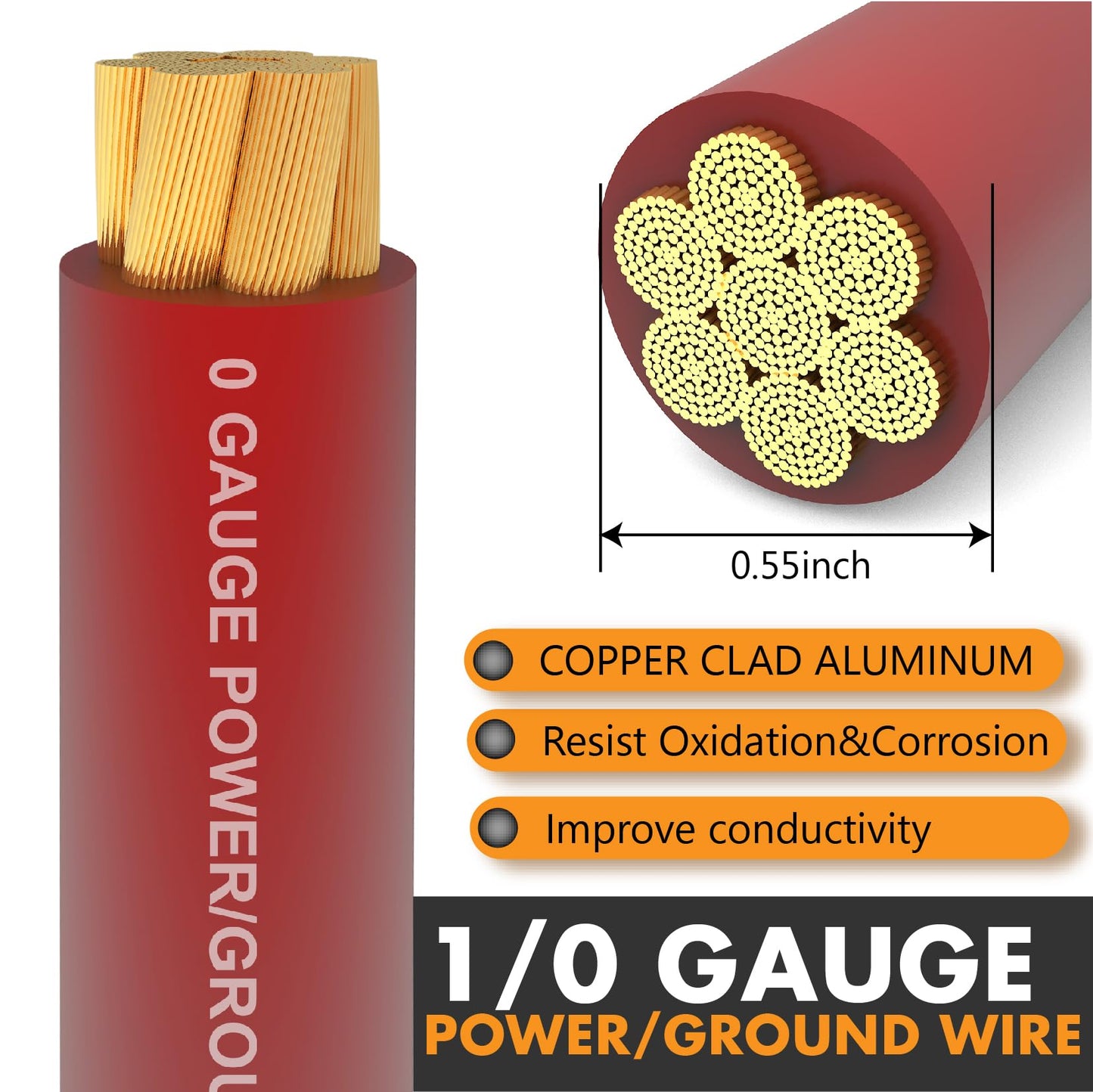 1/0 Gauge Wire Copper Clad Aluminum CAA Car Amplifier Power & Ground Cable，Primary Automotive Wire, Battery Cable, Car Audio Speaker Stereo with Lugs Terminal Connectors and Heat Shrink Tube 20FT Red