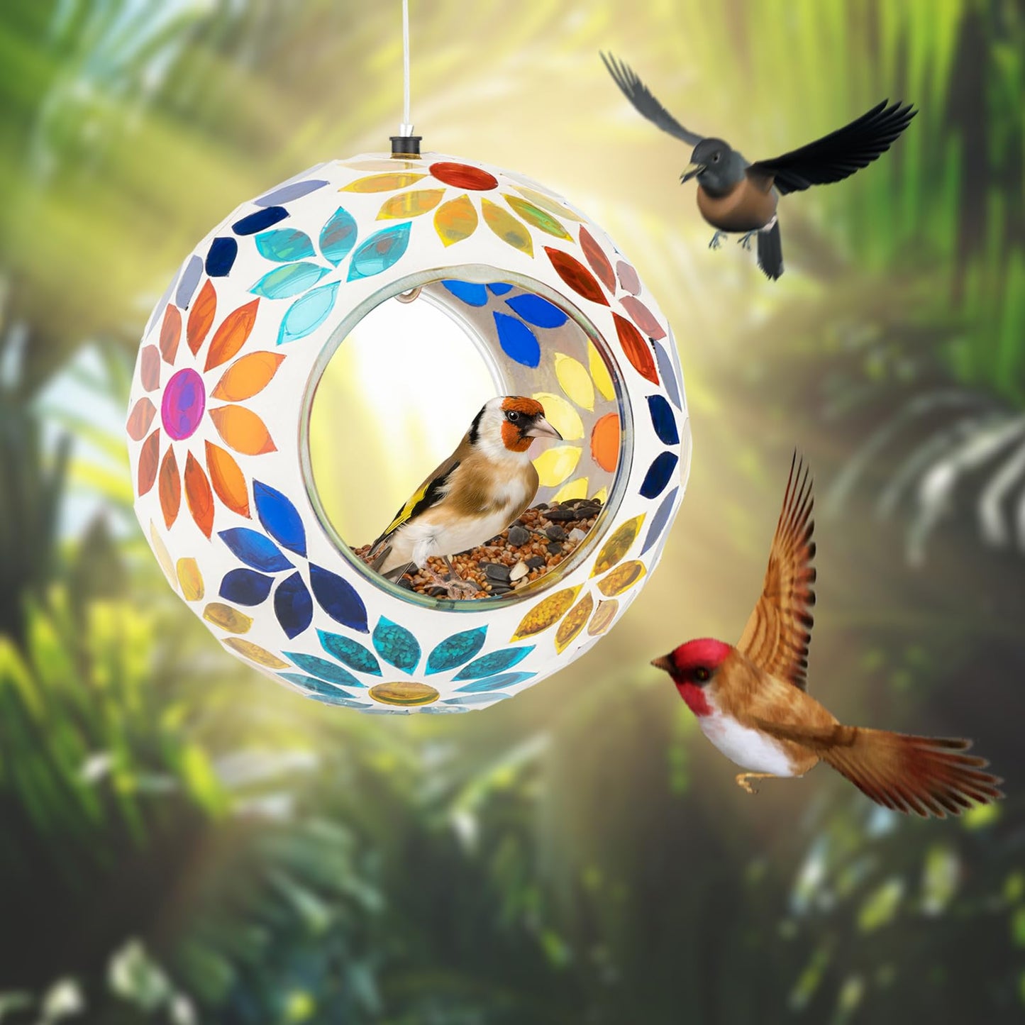 Backyard Expressions Hanging Glass Bird Feeder - Multicolor - Fly Through Bird Feeders for Outside, Mosaic Bird Feeder, Round Shape Wild Birdfeeder