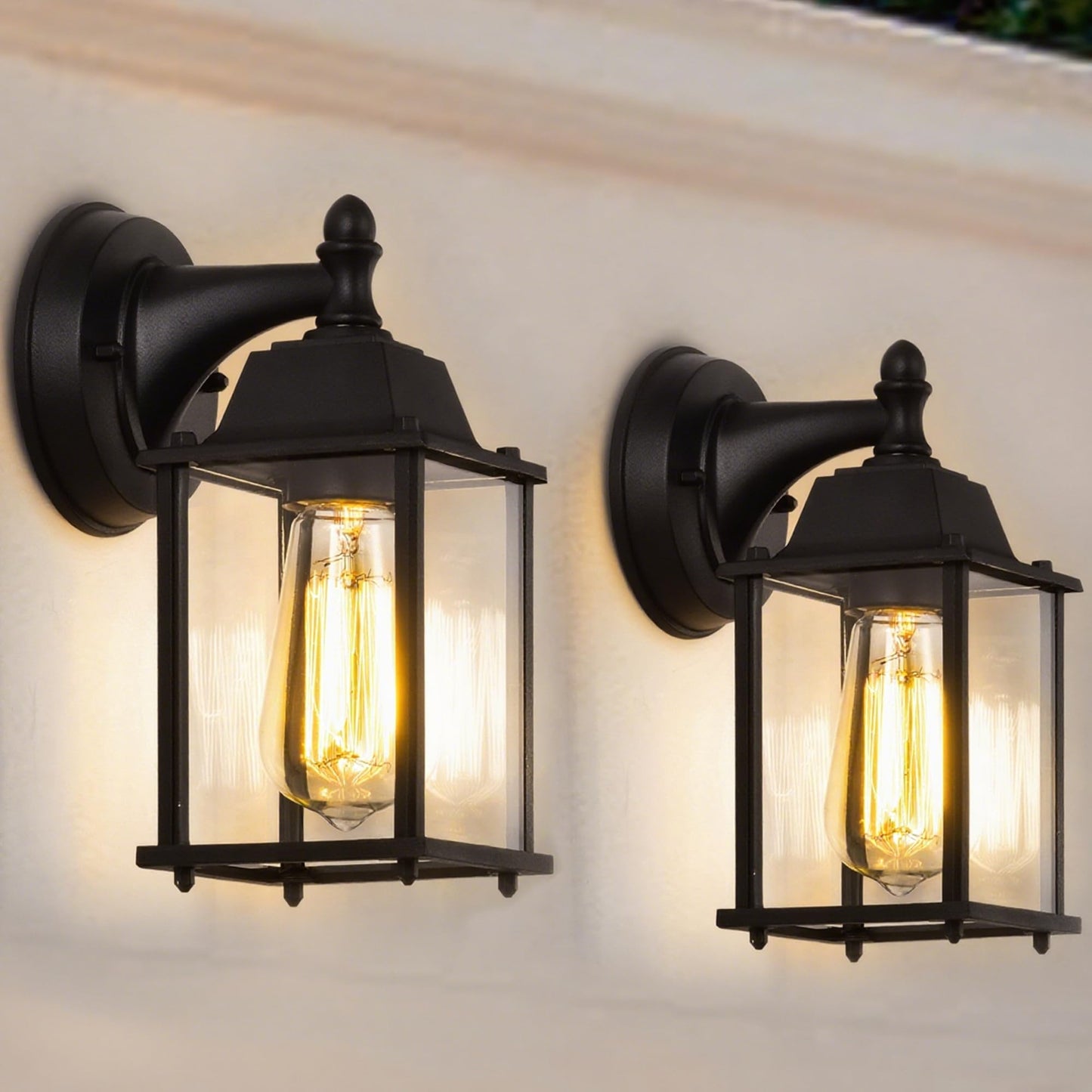Small Outdoor Wall Lanterns 2-Pack – Black Anti-Rust Exterior Light Fixtures for Porch, Garage or Entryway – Weatherproof Wall Sconces with Clear Glass