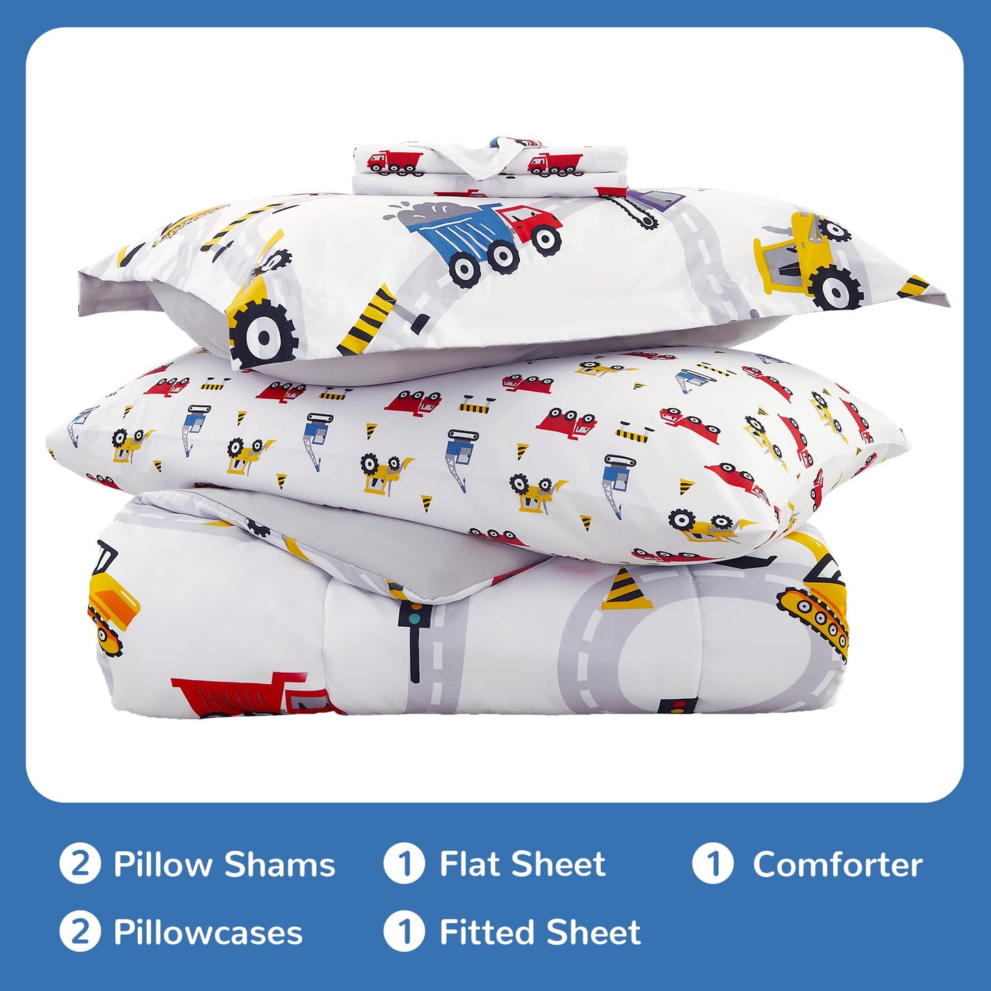 Viviland Kids Full Double Bedding Sets for Boys, Girls Soft Full Double Comforter Set with Sheets, 7 Pieces Microfiber Bed in a Bag, White Car Excavator