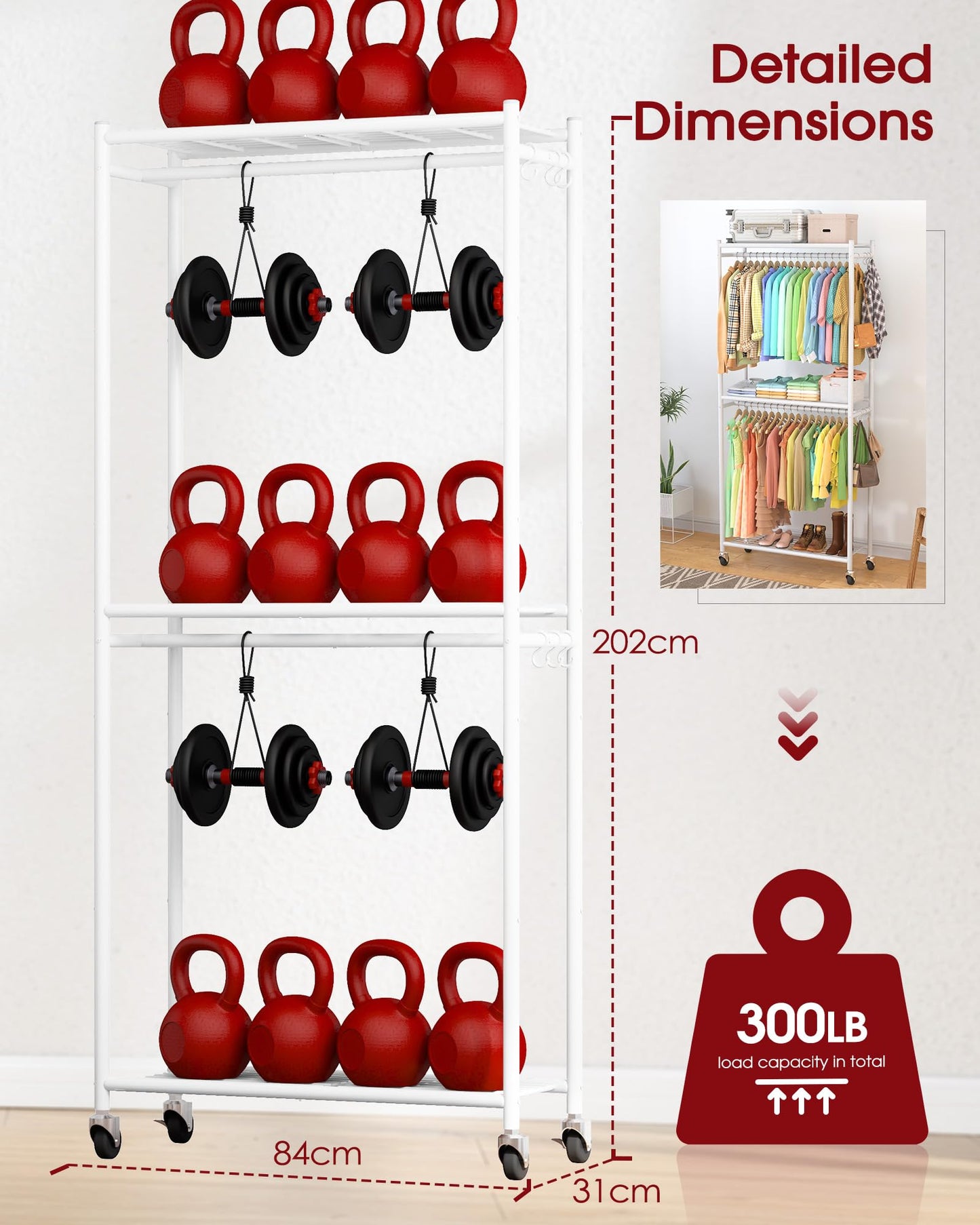 Sakugi Clothing Rack - Coat Rack with Shelves & Wheels, Multi-Functional Clothes Rack with Hooks, Sturdy Metal Garment Shelf for Bedroom, Laundry, Balcony, 84W × 31D × 202H cm, White