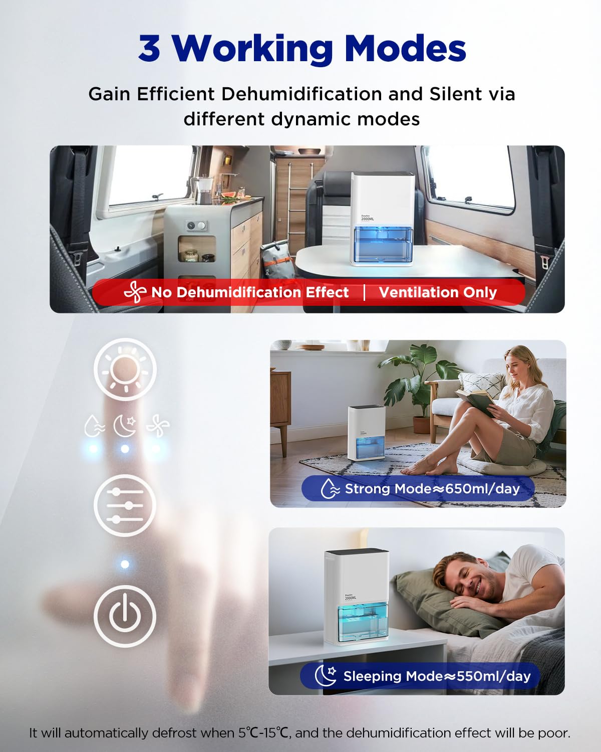 EasyAcc Small Dehumidifier for Closet, 2000ML Tank Deshumidificateur Max 500-650ML/Day-3 Modes Speeds/Ultra Quiet/Auto Defrost 7 Colour LED Light Auto Shut Off - Ideal for Closet RV Small Room