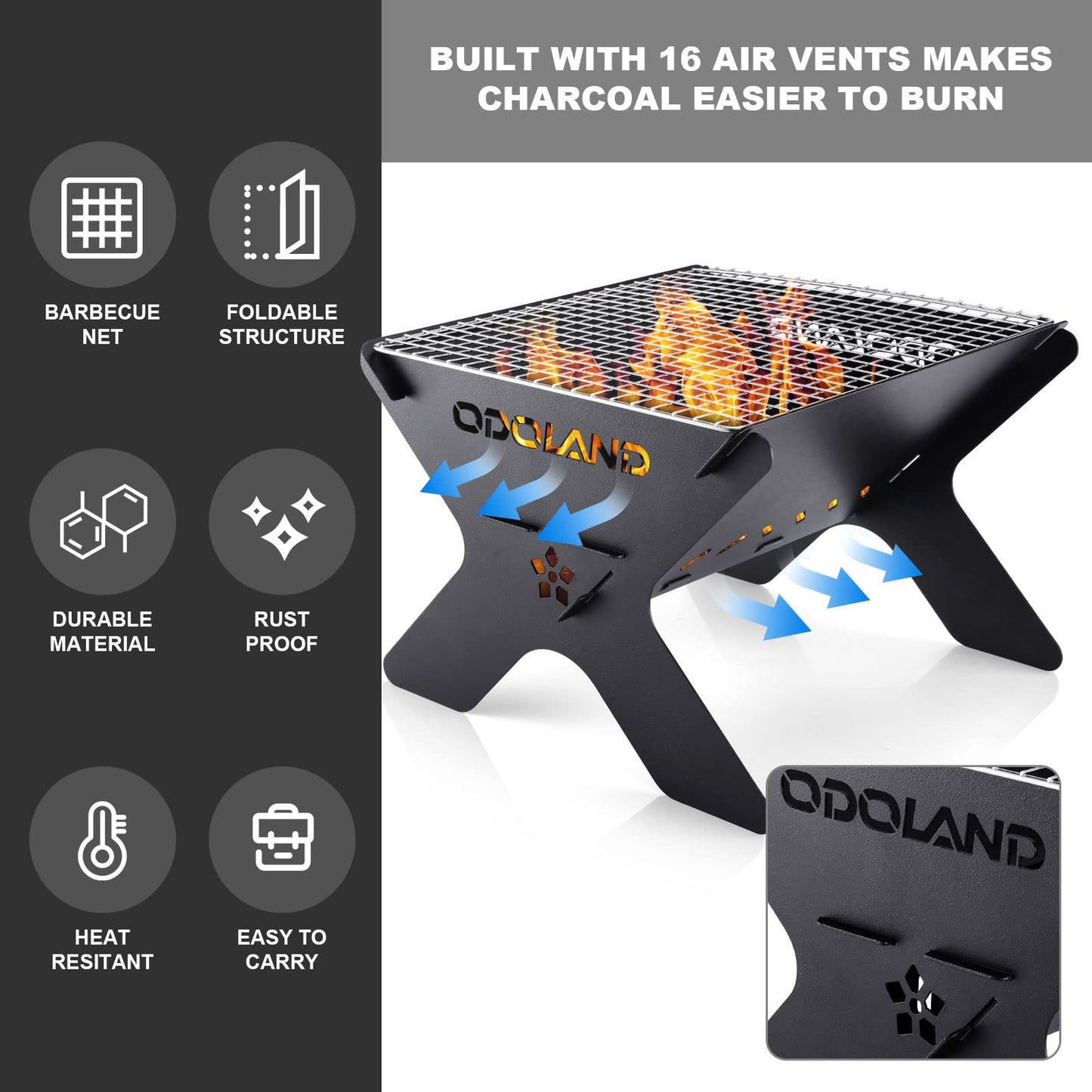 Odoland Camping Fire Pit, Portable Fire Pit for Camping, 2 in 1 Wood Burning Fire Grill with Detachable Cooking Grate for Outside BBQ, with Carry Bag
