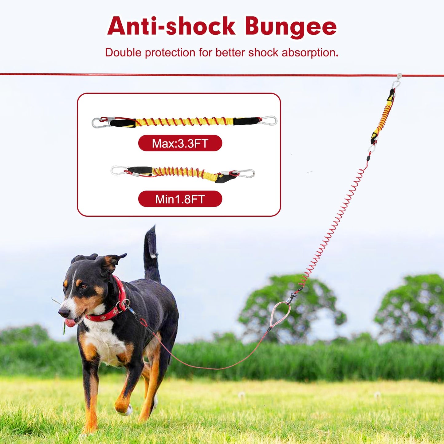Dog Runner for Yard,Anti-Shock Dog Trolley System 50/75/100/150/200FT,Heavy-Duty Aerial Dog Run Cable with Bungee for Dogs up to 300lbs,Outside Dog Zip line for Backyard,Camping, Park (Red, 200FT)