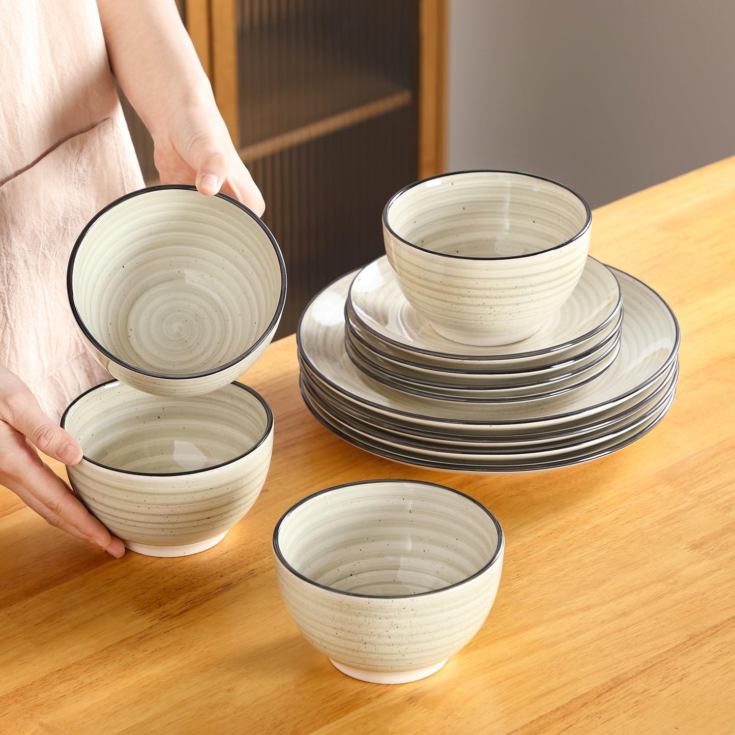 vancasso Dinnerware Sets 12 Pieces Bonbon Beige Dinner Set, Plates and Bowls Sets with Dinner Plates Bowls Handpainted Spirals Pattern Dish Sets, Service for 4
