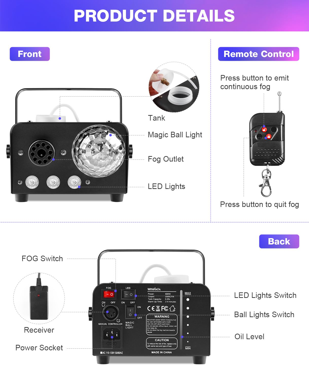 MOSFiATA Fog Machine with Disco Ball Lights 600W Smoke Machine with RGB LED Lights, 2300 CFM Spray, Remote Control, Perfect for Halloween, Christmas, Wedding, Party, Club, DJ Stage Effect