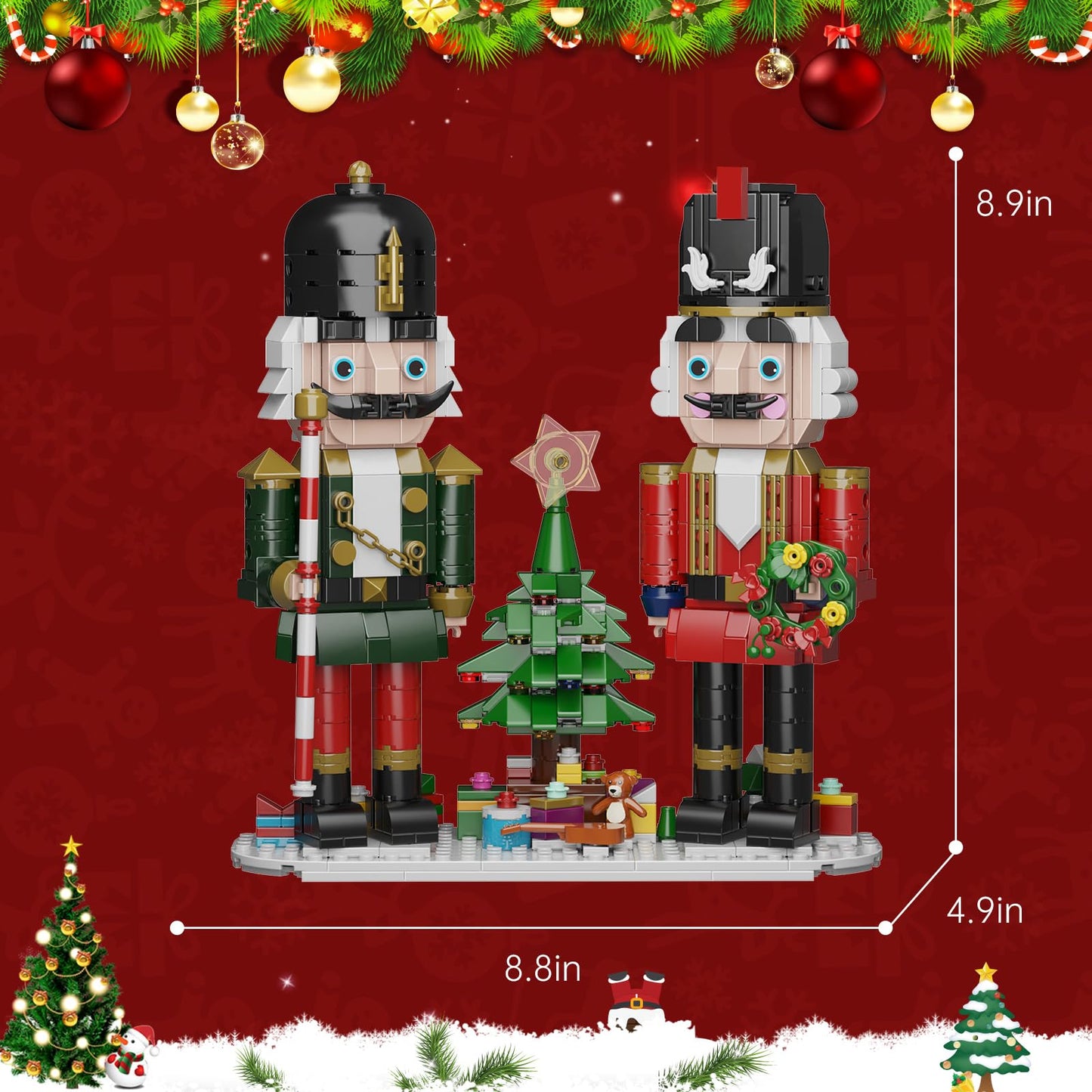 Christmas Nutcracker Building Kit with LED Light,Xmas Decorative Nutcracker Building Sets,Contains Christmas Tree,Wreath,Cane,Compatible with Lego,Festival Gift (690 Pcs)