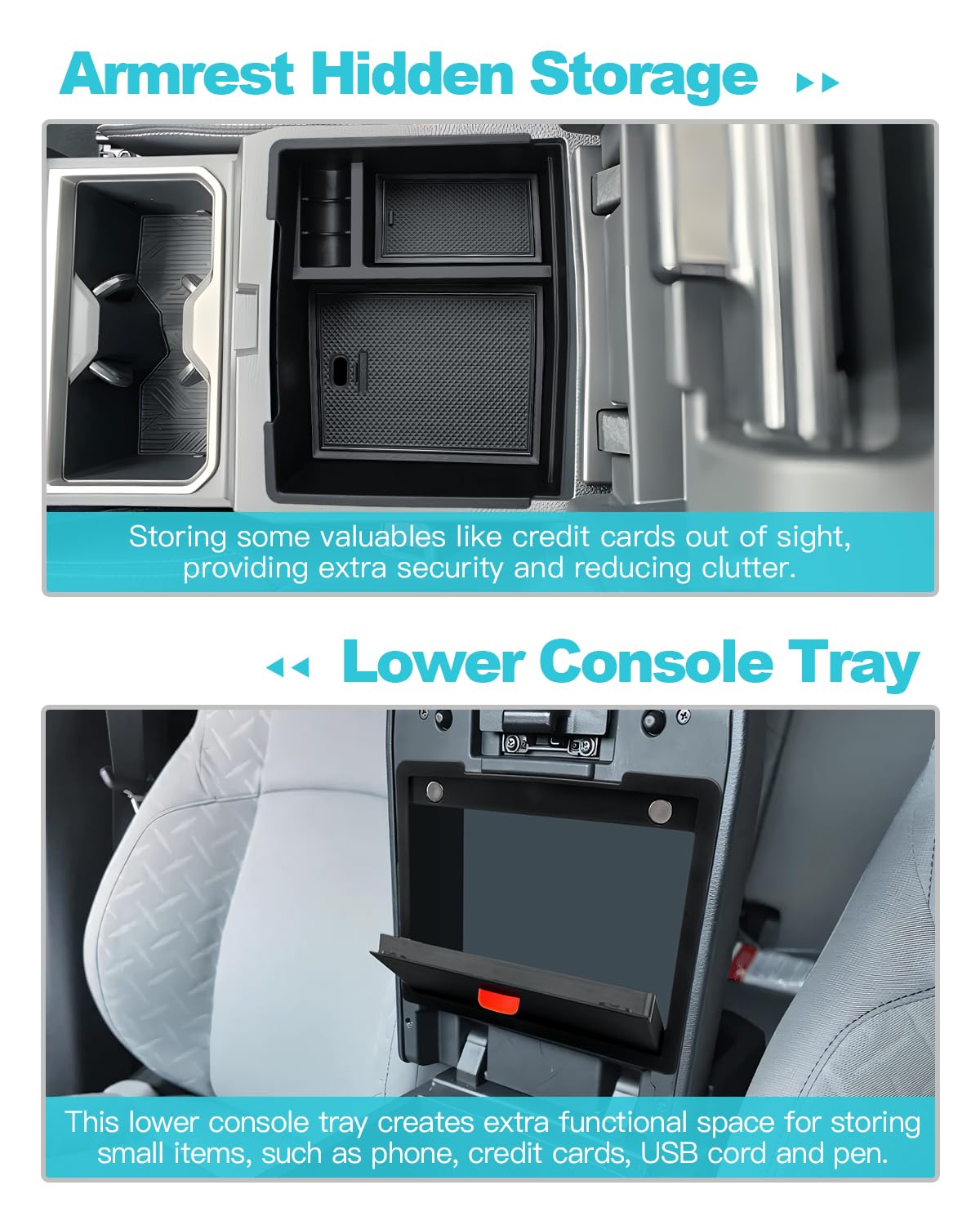 CDEFG 2Pcs for 2024 2025 2026 Toyota Tacoma Center Console Organizer Tray for Toyota 2024 2025 2026 Tacoma Accessories Middle Console Organizer Armrest Compartment Storage Box
