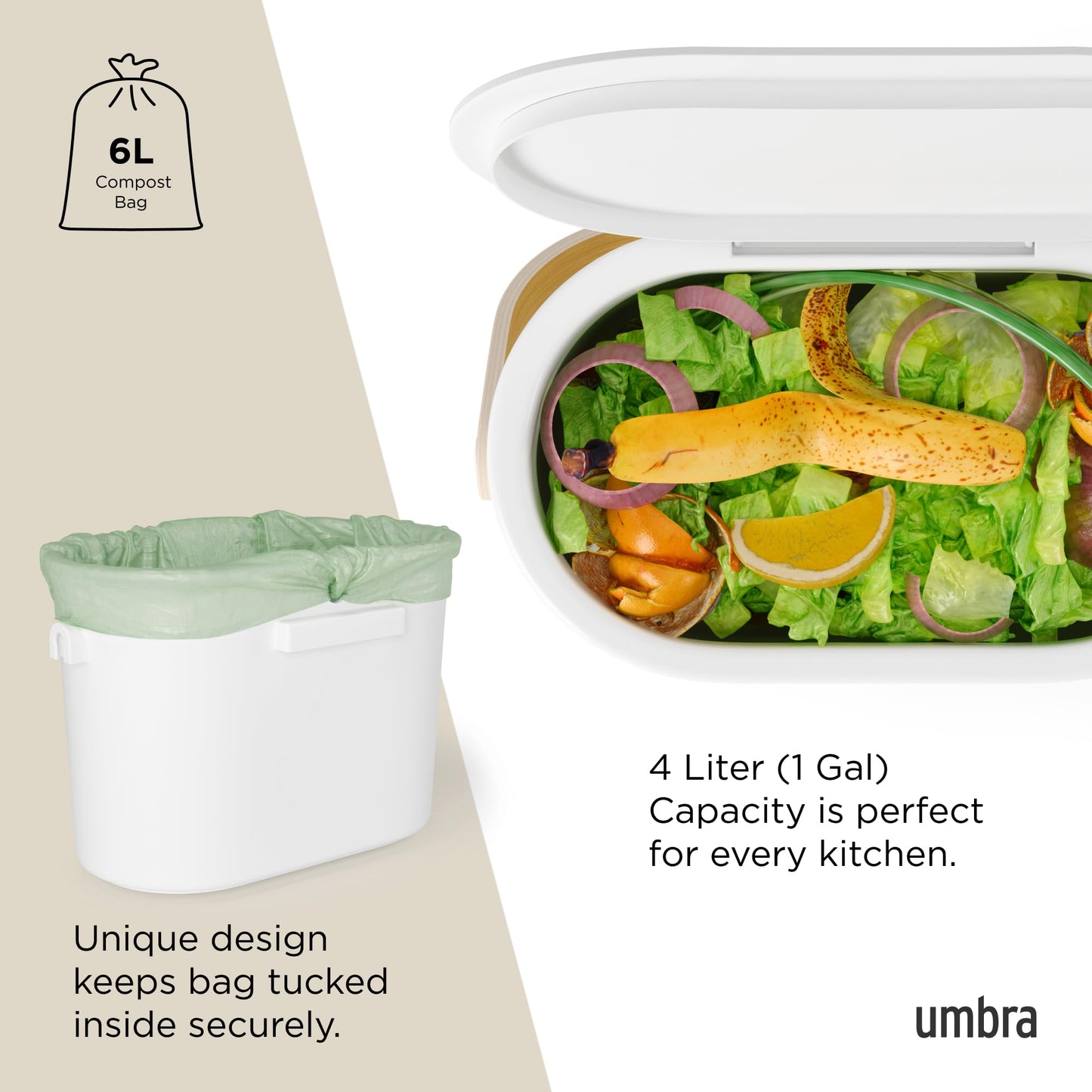 Umbra Bellwood Kitchen Compost Bin – White/Natural, Countertop or Cabinet Mounted, 6L Compost Container with Hidden Bag Retainer, BPA-Free & Dishwasher Safe| Bellwood Collection