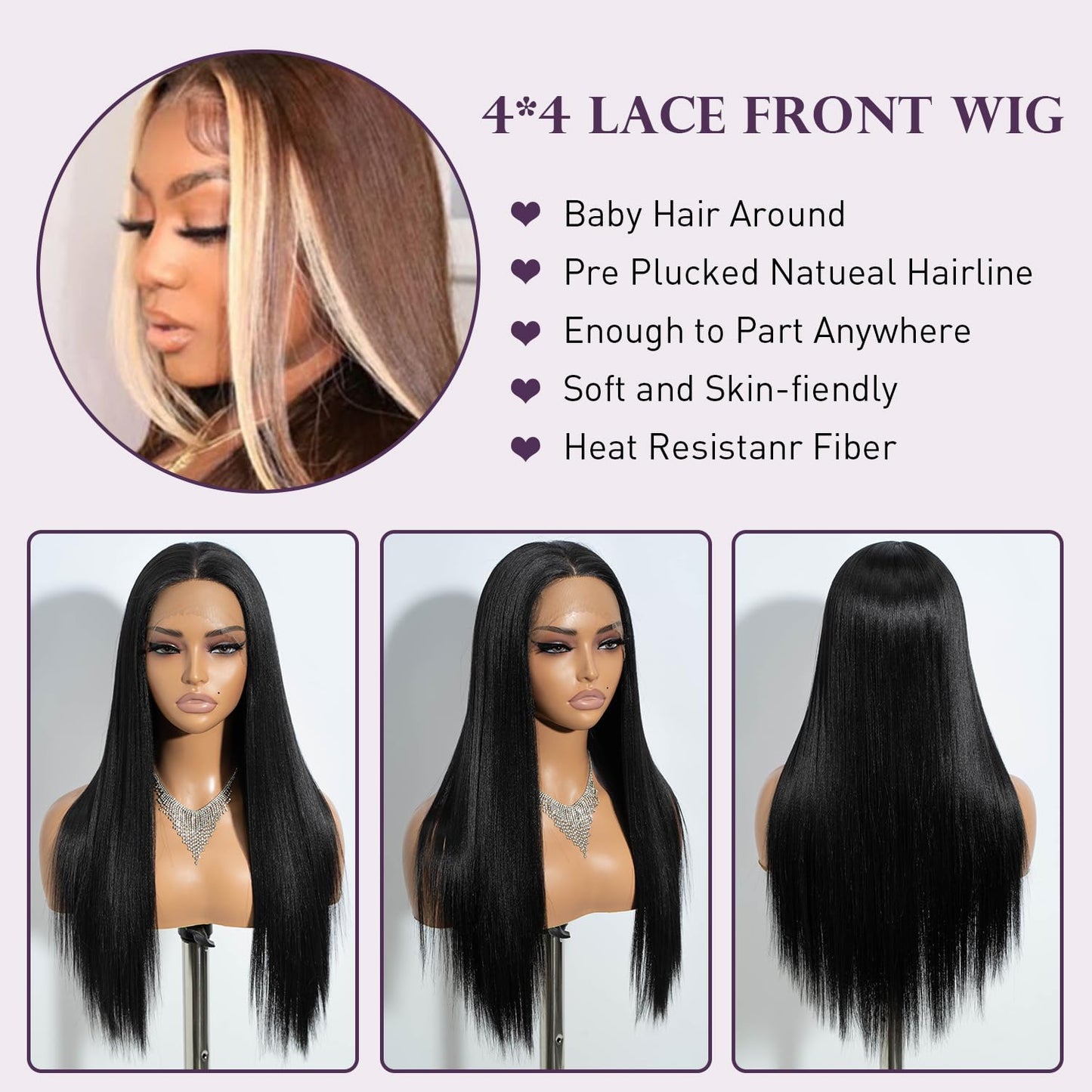 JOEDIR 26" Long Straight 4x4 inch Free Parting Silk Base Lace Frontal Wigs With Baby Hair High Temperature Synthetic Wigs For Black Women 180% Density Black Color Wigs 250g(1B)
