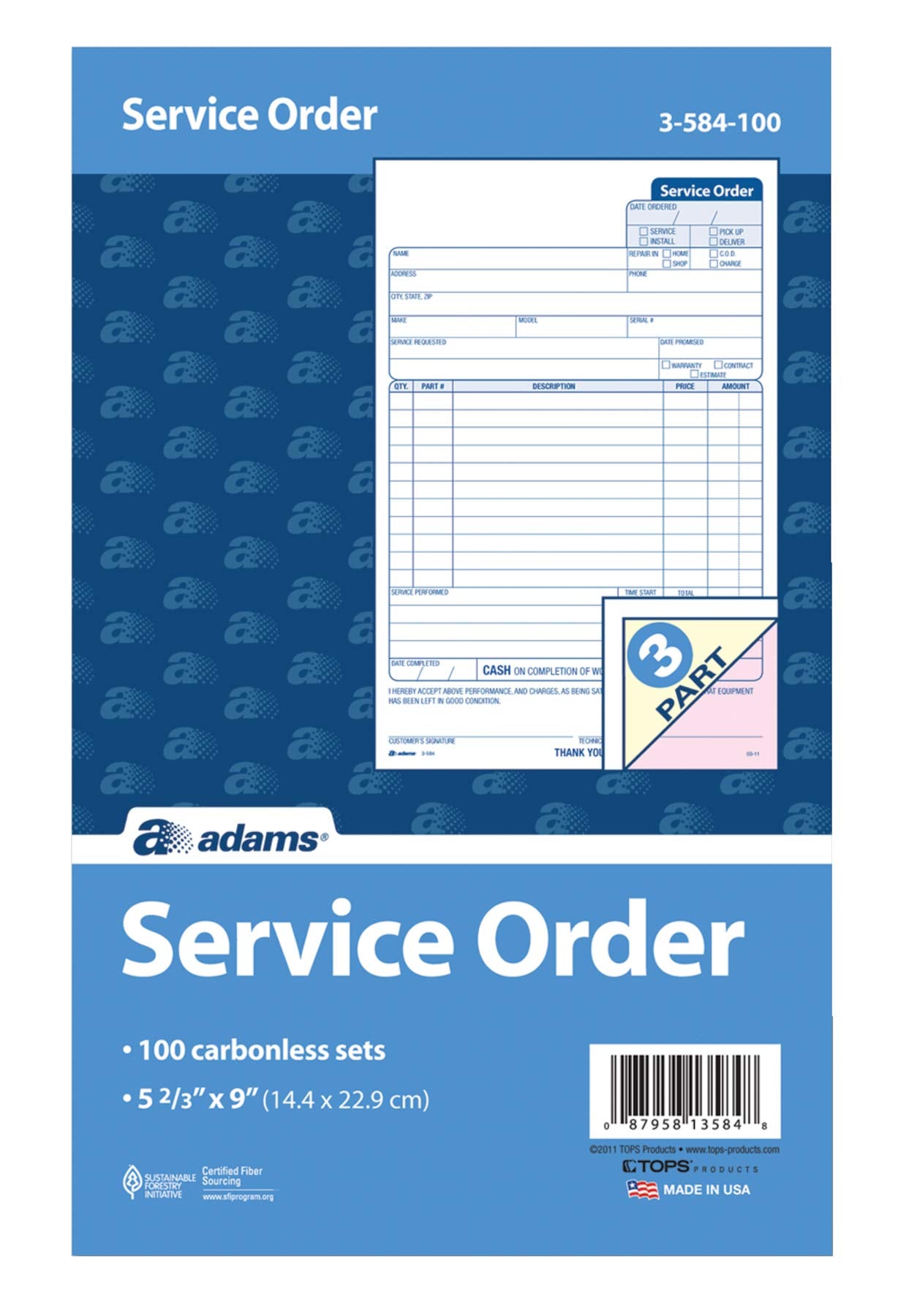 Adams Service Order Form, 3 Part, Carbonless, 5 2/3”X9” Inches, 250 Sets per Pack (3-584