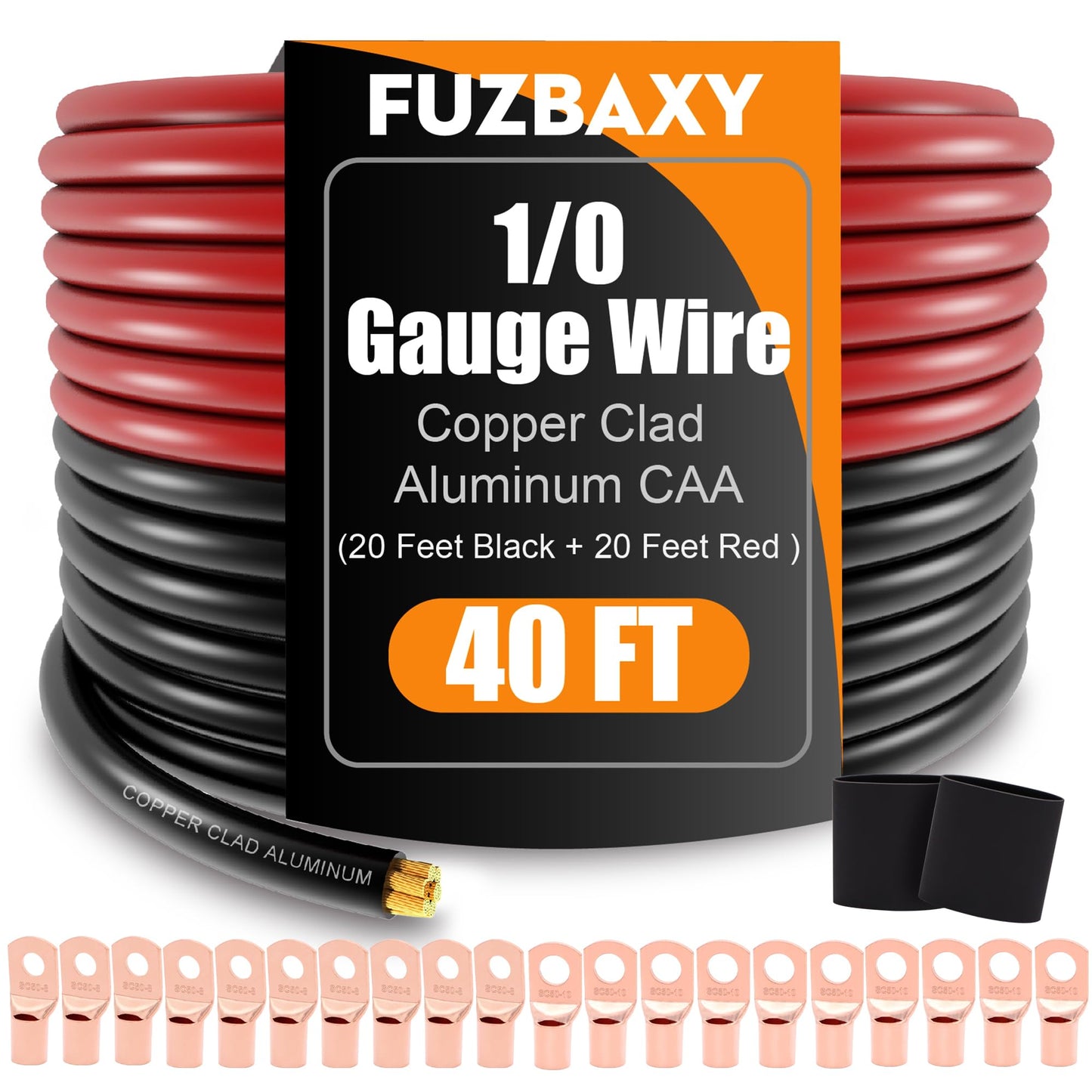 AWG 1/0 Gauge Wire (20 Feet Black+20 Feet Red) Copper Clad Aluminum CCA - Primary Automotive Wire Power/Ground, Lugs Terminal Connectors,20PCS Heat Shrink Tubing