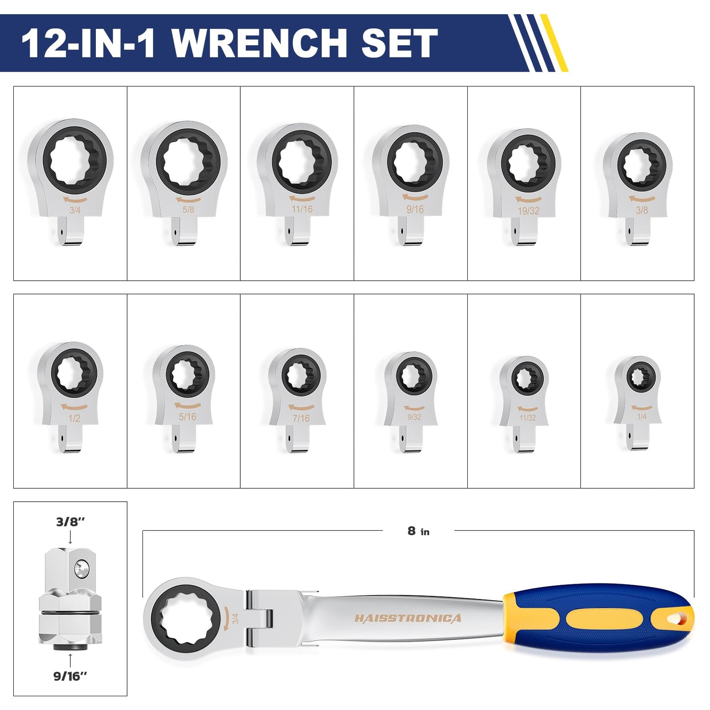 haisstronica 13pcs Flex-Head Ratcheting Combination Wrench Set with 3/8 in Adapter, SAE 1/4-3/4 inch Ratchet Wrench Tool for Auto, Tools for Men Gift