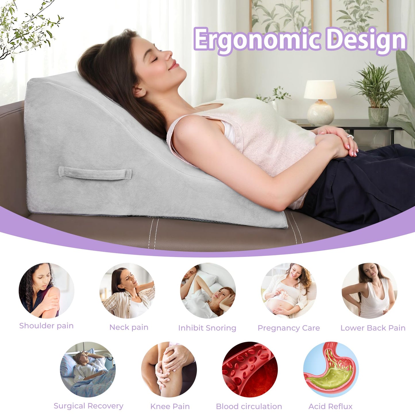 Babenest Wedge Pillow for Adults, Washable Cover High-Density Foam Triangle Orthopedic Pillows for Leg Elevation, After Surgery, Acid Reflux, Back Support for Sitting Up in Bed, Incline Cushion(Grey)