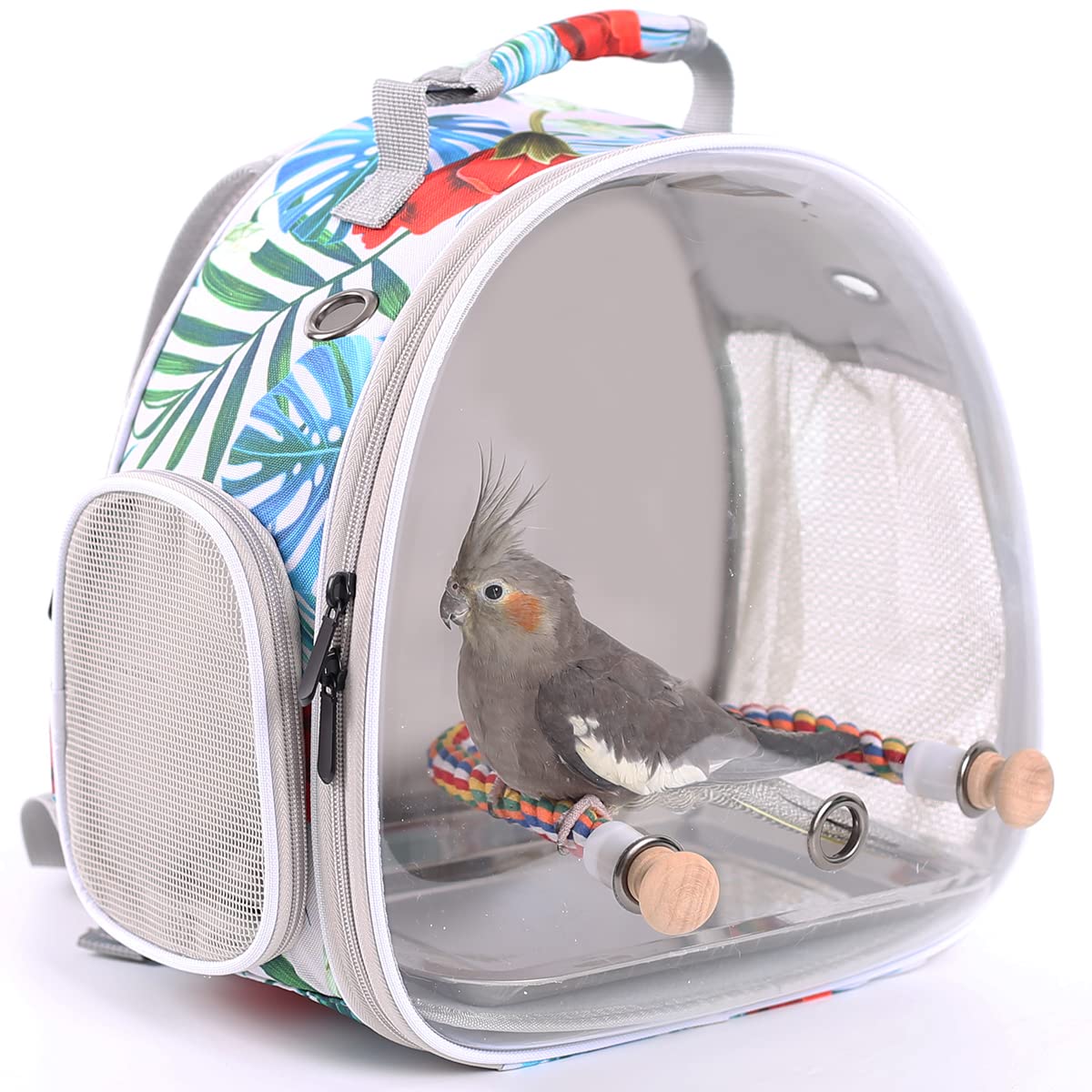 Bird Backpack Carrier, Backpack with Stand Perch and Metal Tray, Travel Carrier Backpack (SP Floral, Bird Backpack)