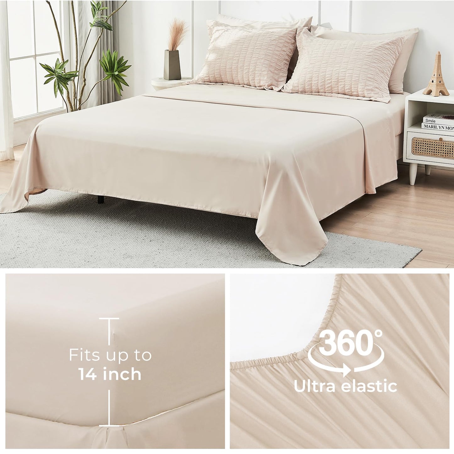 HYMOKEGE Beige Queen Comforter Set Seersucker 7 Pieces, All Season Luxury Bed in a Bag for Bedroom, Bedding Set with Comforters, Sheets, Pillowcases & Shams