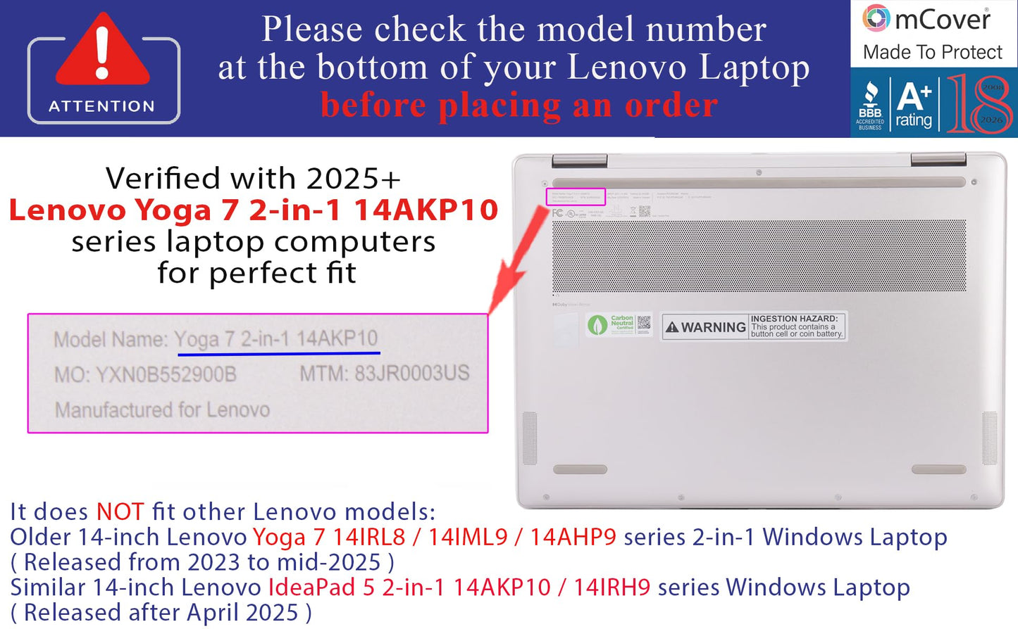 mCover case ONLY Compatible for 2025~2026 14-inch Lenovo Yoga 7 2-in-1 14ILL10 | 14AKP10 Series Windows Notebook Computers (NOT Fitting Any Other Models) (Clear)