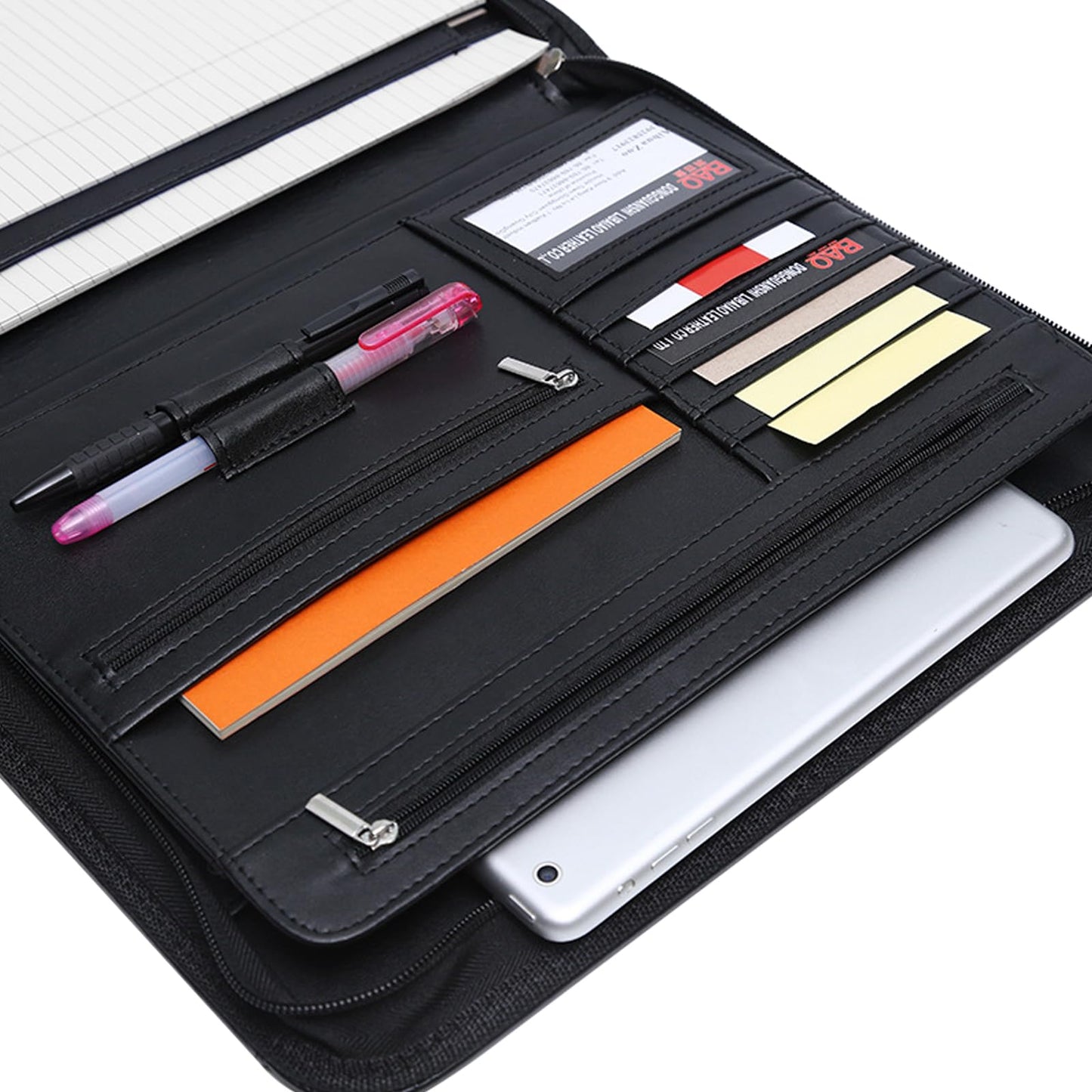 VANRA Zippered Padfolio for Men Leather Portfolio for Women Binder Organizer Interview Resume Folder for Papers Document Holder Planner Binder A4 Letter Size with Notepad, Black