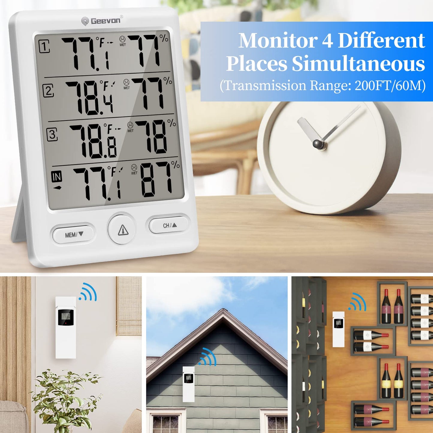 Geevon Indoor Outdoor Thermometer Wireless with 3 Remote Sensors, Digital Hygrometer Thermometer Temperature Humidity Monitor with Comfort Indicator, Temp Alarm, 60M/200FT Range for Home(White)